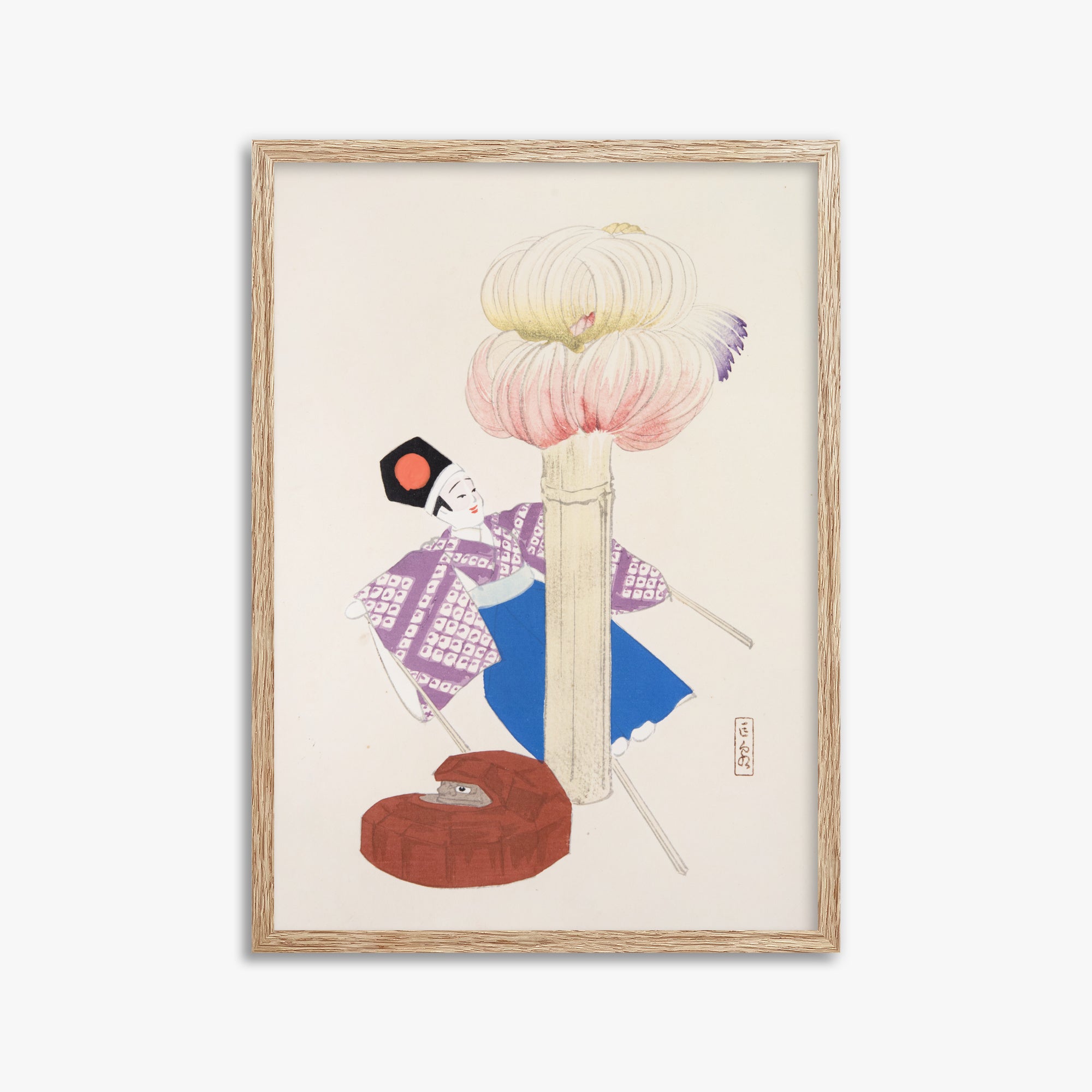 Kawasaki Kyosen: Kyosen’s Collected Illustrations of Japanese Toys Nr. 86 ("Kabuki Bloom"), 50x70cm Framed Art Reproduction With Raw Oak Frame