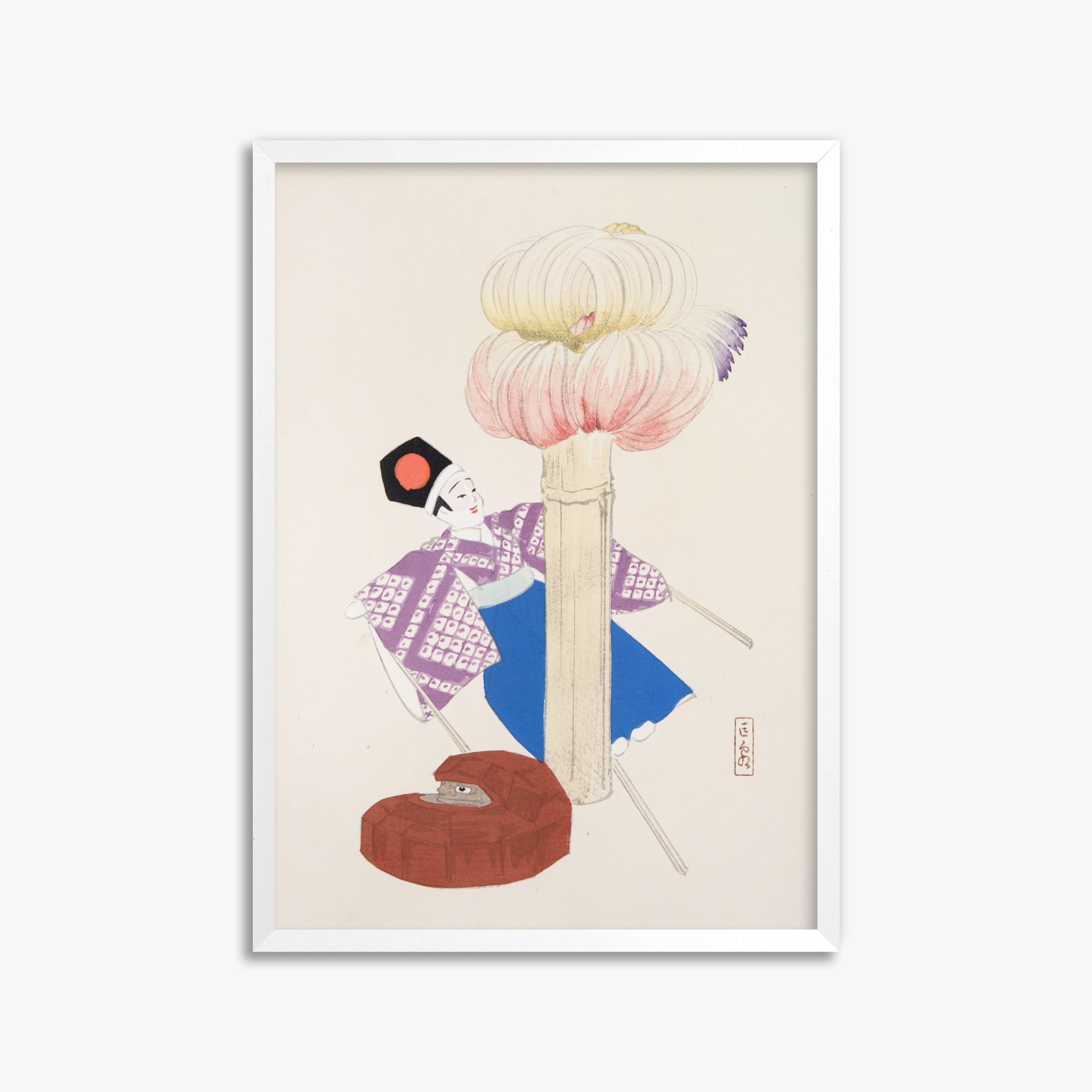 Kawasaki Kyosen: Kyosen’s Collected Illustrations of Japanese Toys Nr. 86 ("Kabuki Bloom"), 50x70cm Framed Art Reproduction With White Frame