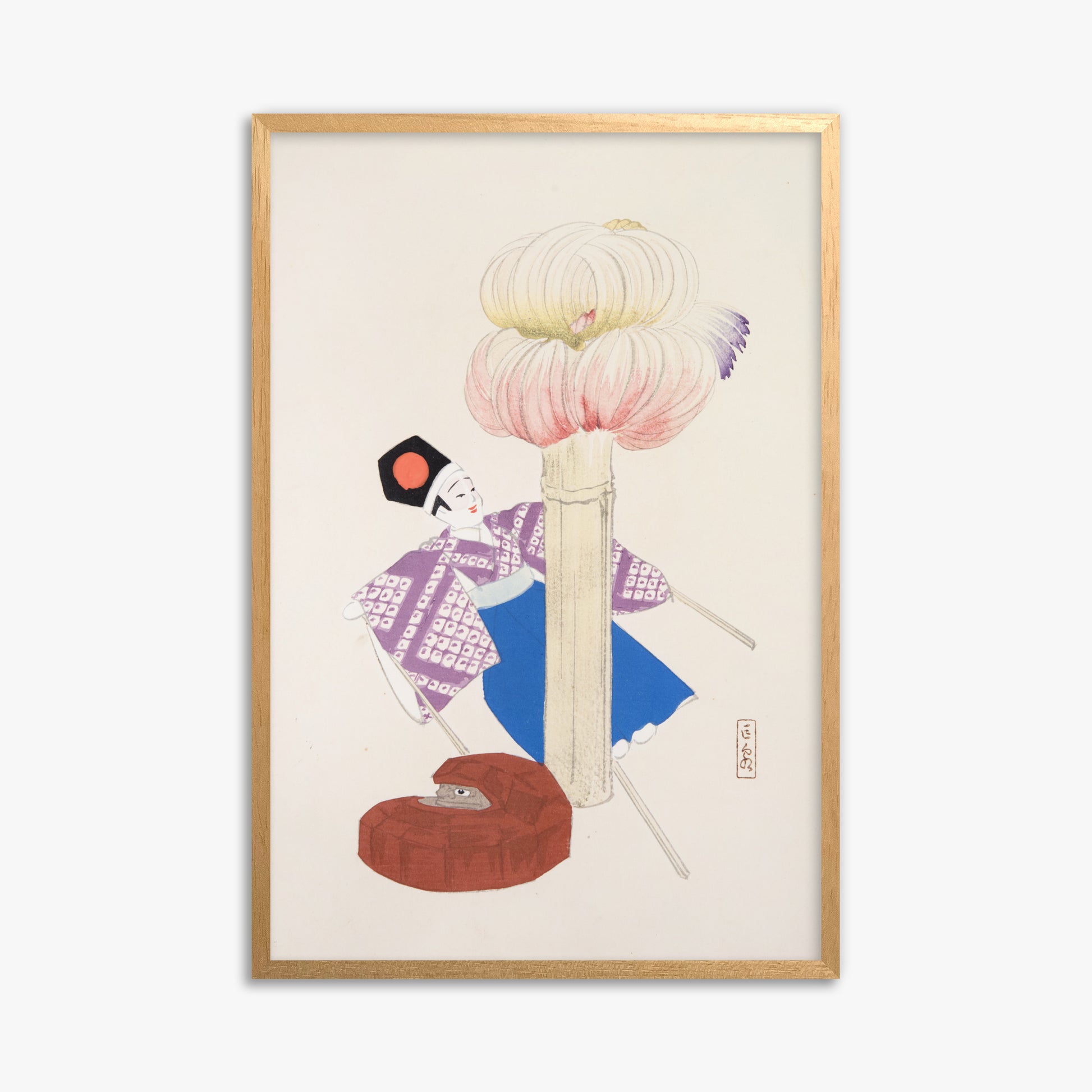 Kawasaki Kyosen: Kyosen’s Collected Illustrations of Japanese Toys Nr. 86 ("Kabuki Bloom"), 61x91cm Framed Art Reproduction With Oak Frame