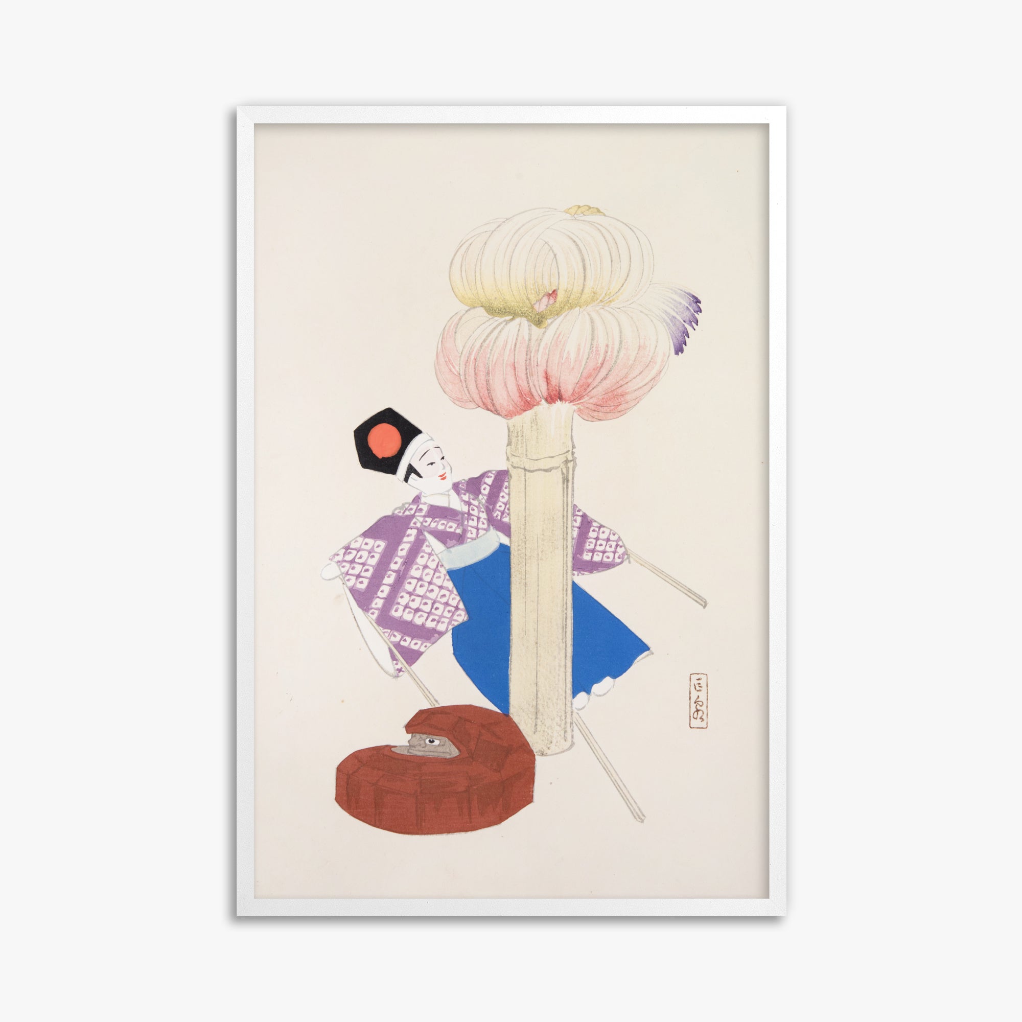 Kawasaki Kyosen: Kyosen’s Collected Illustrations of Japanese Toys Nr. 86 ("Kabuki Bloom"), 61x91cm Framed Art Reproduction With White Frame