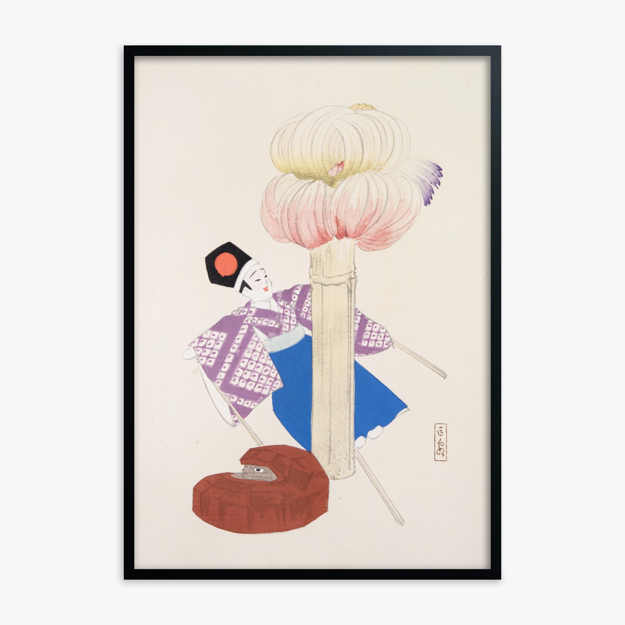 Kawasaki Kyosen: Kyosen’s Collected Illustrations of Japanese Toys Nr. 86 ("Kabuki Bloom"), Black Framed Art Reproduction With Black Frame