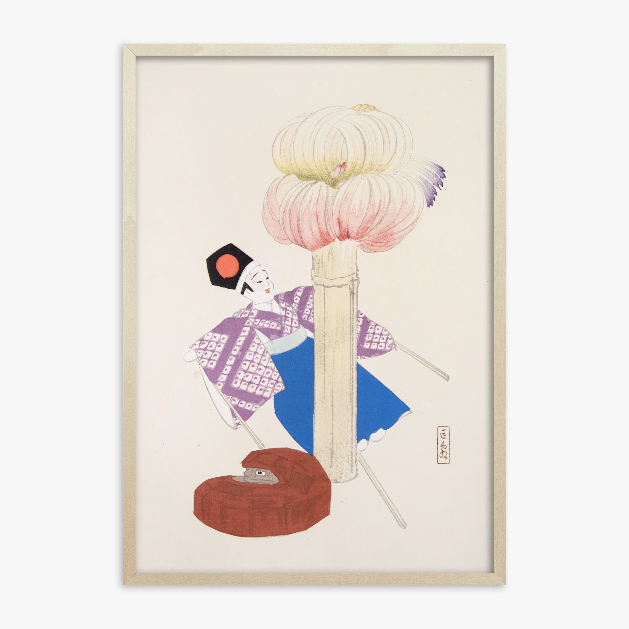 Kawasaki Kyosen: Kyosen’s Collected Illustrations of Japanese Toys Nr. 86 ("Kabuki Bloom"), 70x100cm Framed Art Reproduction With Lime Wood Frame