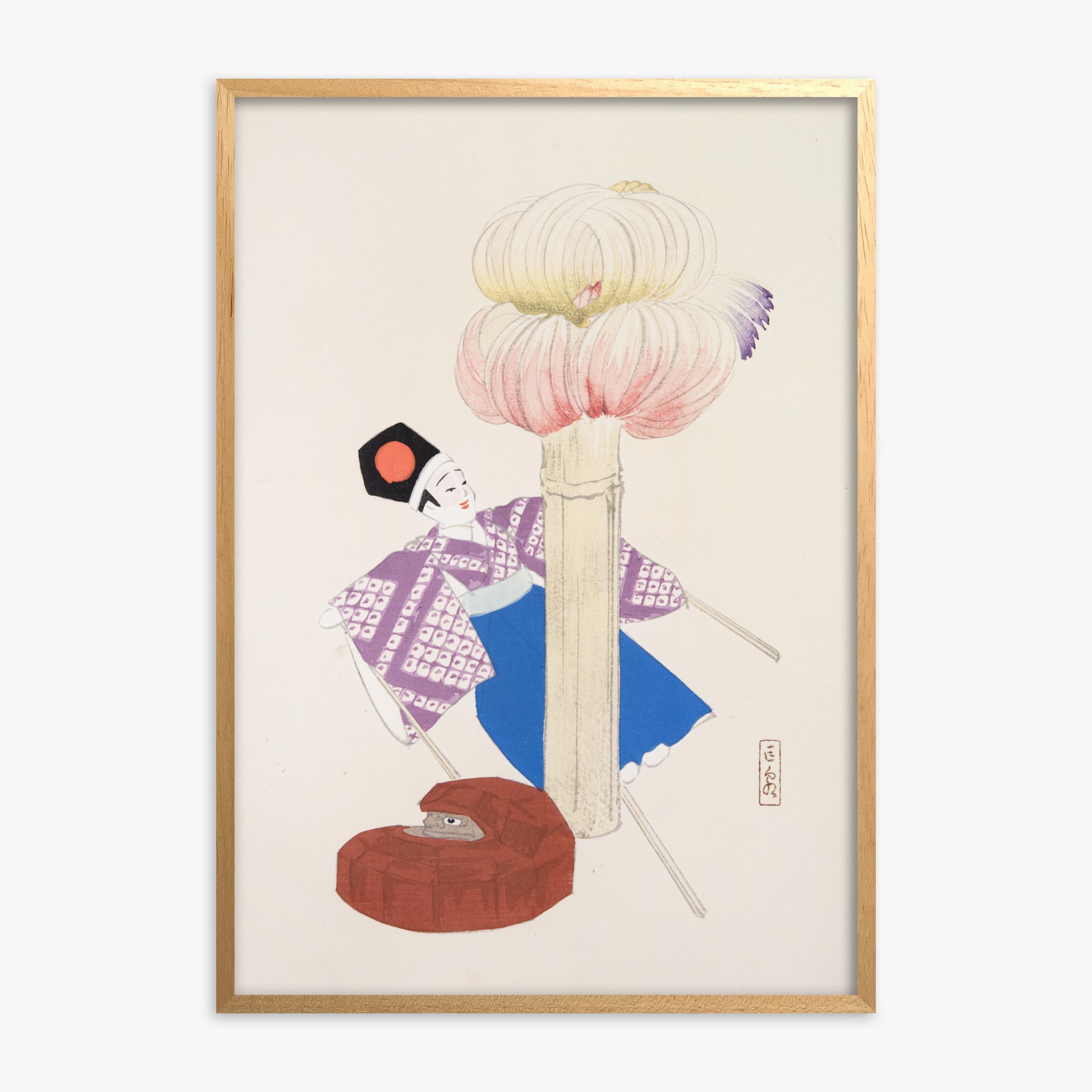 Kawasaki Kyosen: Kyosen’s Collected Illustrations of Japanese Toys Nr. 86 ("Kabuki Bloom"), Oak Framed Art Reproduction With Oak Frame