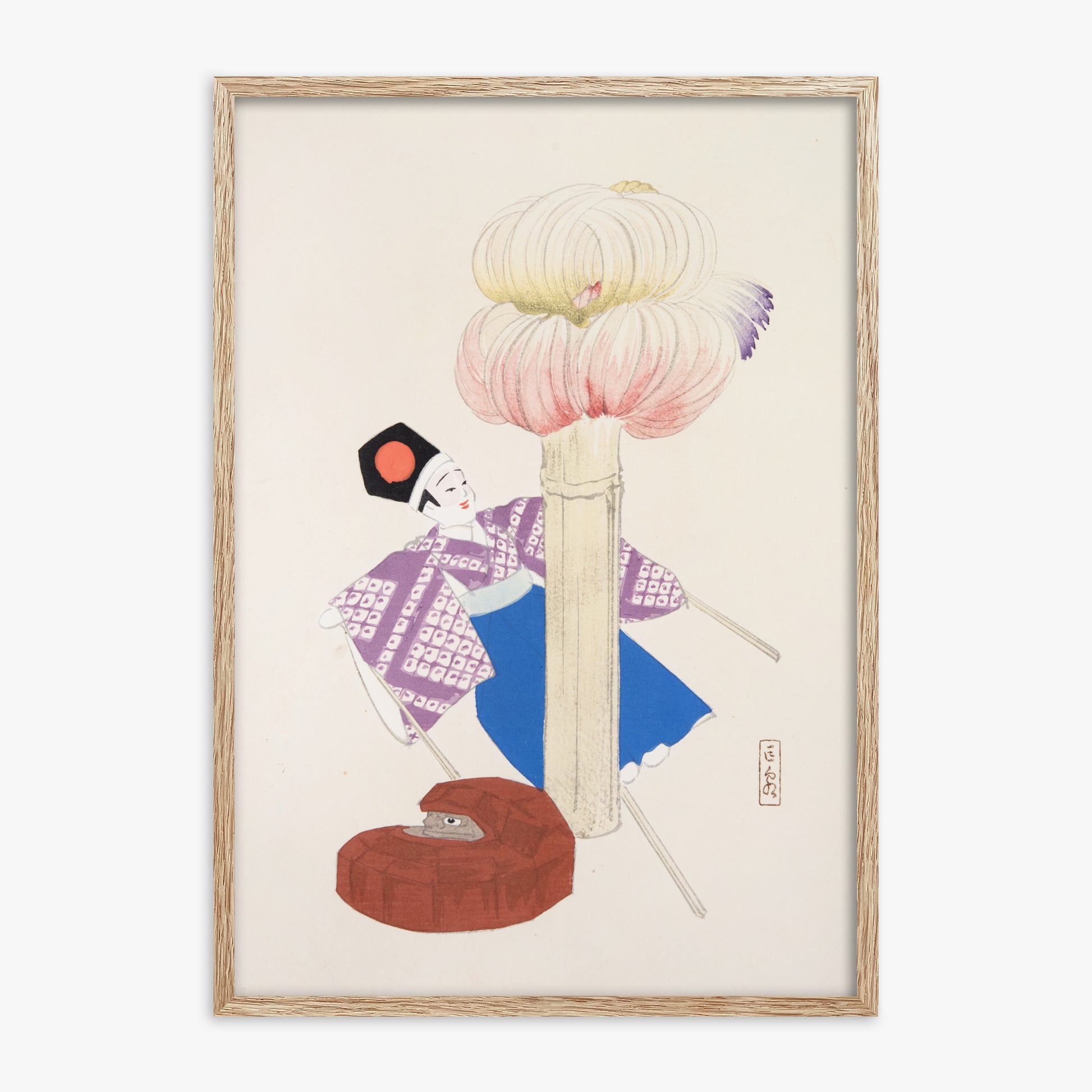 Kawasaki Kyosen: Kyosen’s Collected Illustrations of Japanese Toys Nr. 86 ("Kabuki Bloom"), 70x100cm Framed Art Reproduction With Raw Oak Frame