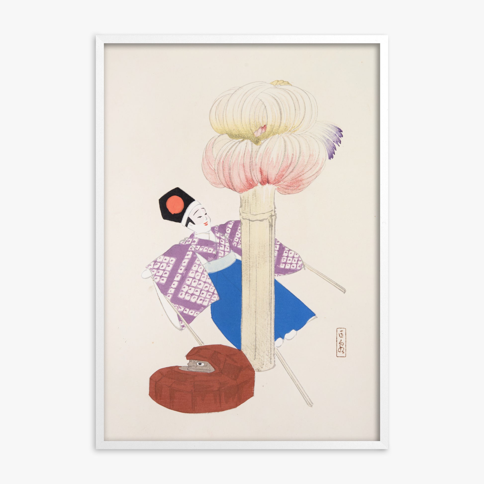 Kawasaki Kyosen: Kyosen’s Collected Illustrations of Japanese Toys Nr. 86 ("Kabuki Bloom"), White Framed Art Reproduction With White Frame