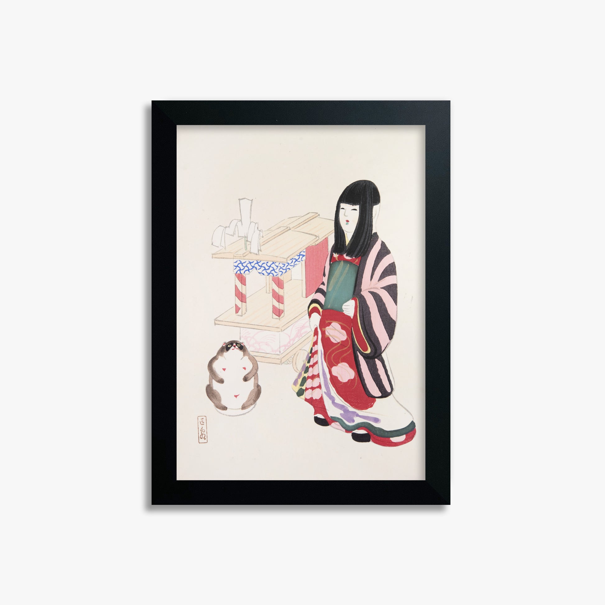 Kawasaki Kyosen: Kyosen’s Collected Illustrations of Japanese Toys Nr. 87 ("Serene Guardian of Tradition"), 21x30cm Framed Art Reproduction With Black Frame