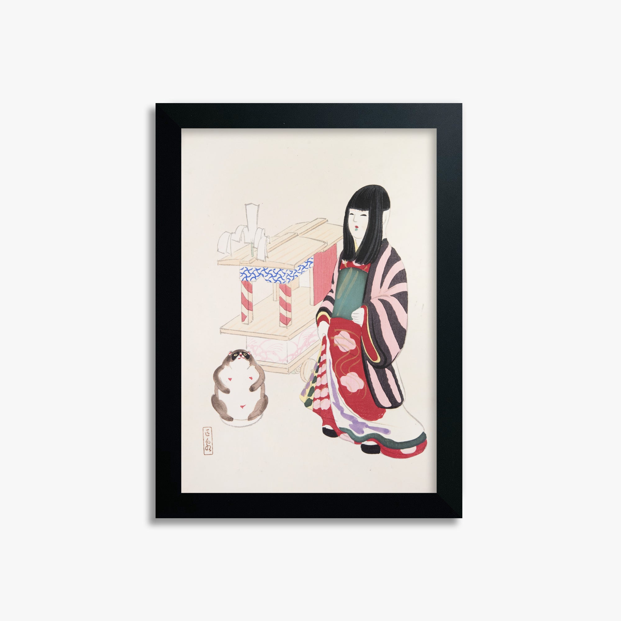 Kawasaki Kyosen: Kyosen’s Collected Illustrations of Japanese Toys Nr. 87 ("Serene Guardian of Tradition"), 21x30cm Framed Art Reproduction With Black Frame