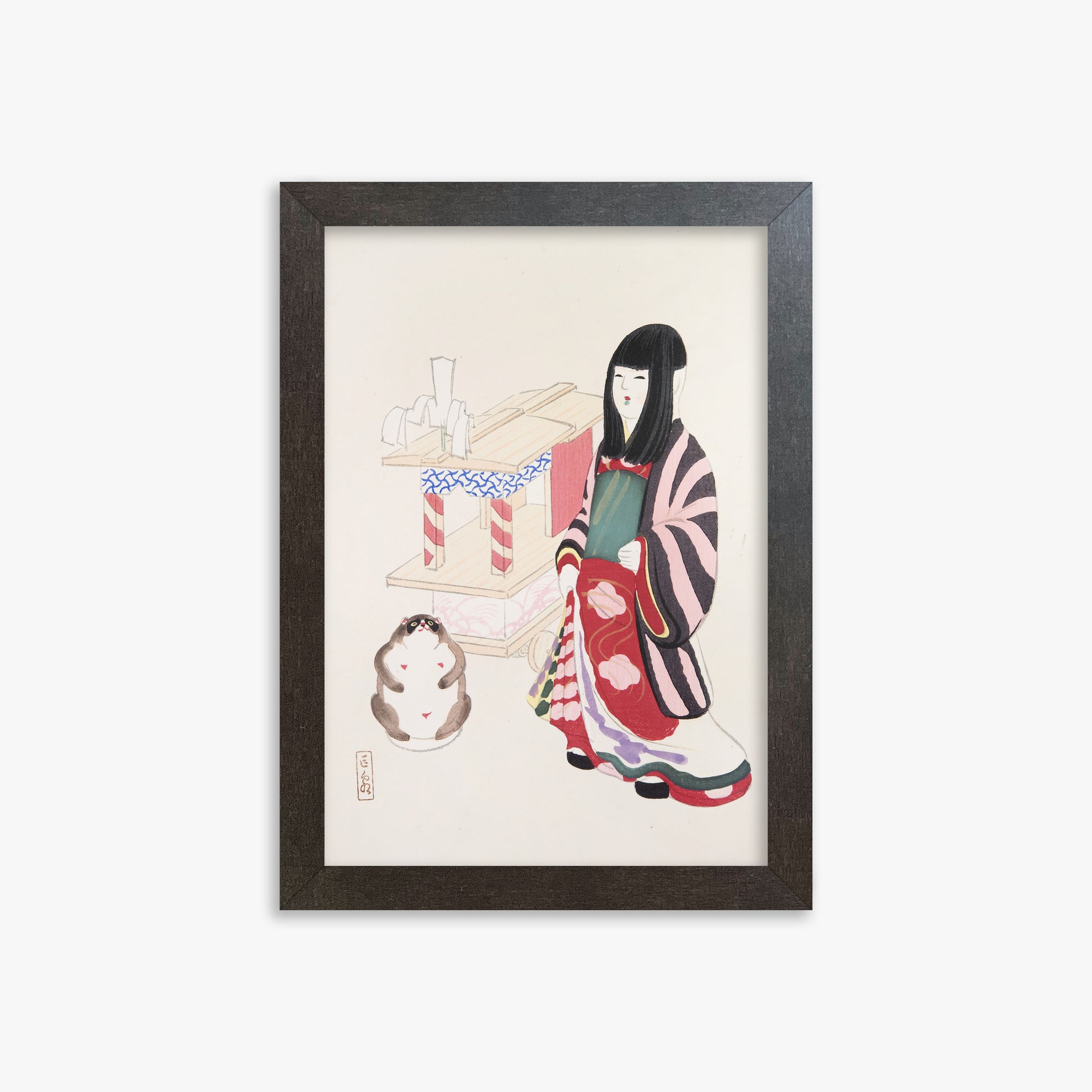Kawasaki Kyosen: Kyosen’s Collected Illustrations of Japanese Toys Nr. 87 ("Serene Guardian of Tradition"), 21x30cm Framed Art Reproduction With Espresso Frame
