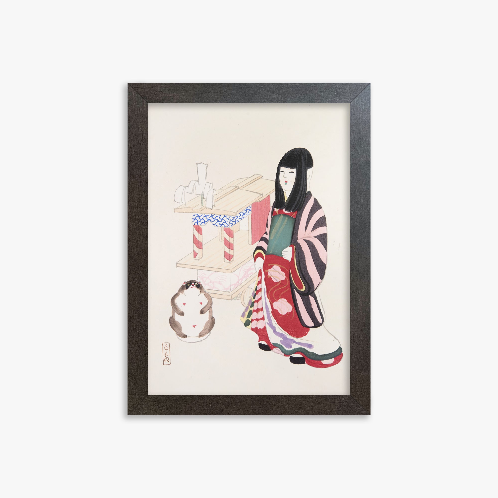 Kawasaki Kyosen: Kyosen’s Collected Illustrations of Japanese Toys Nr. 87 ("Serene Guardian of Tradition"), 21x30cm Framed Art Reproduction With Espresso Frame