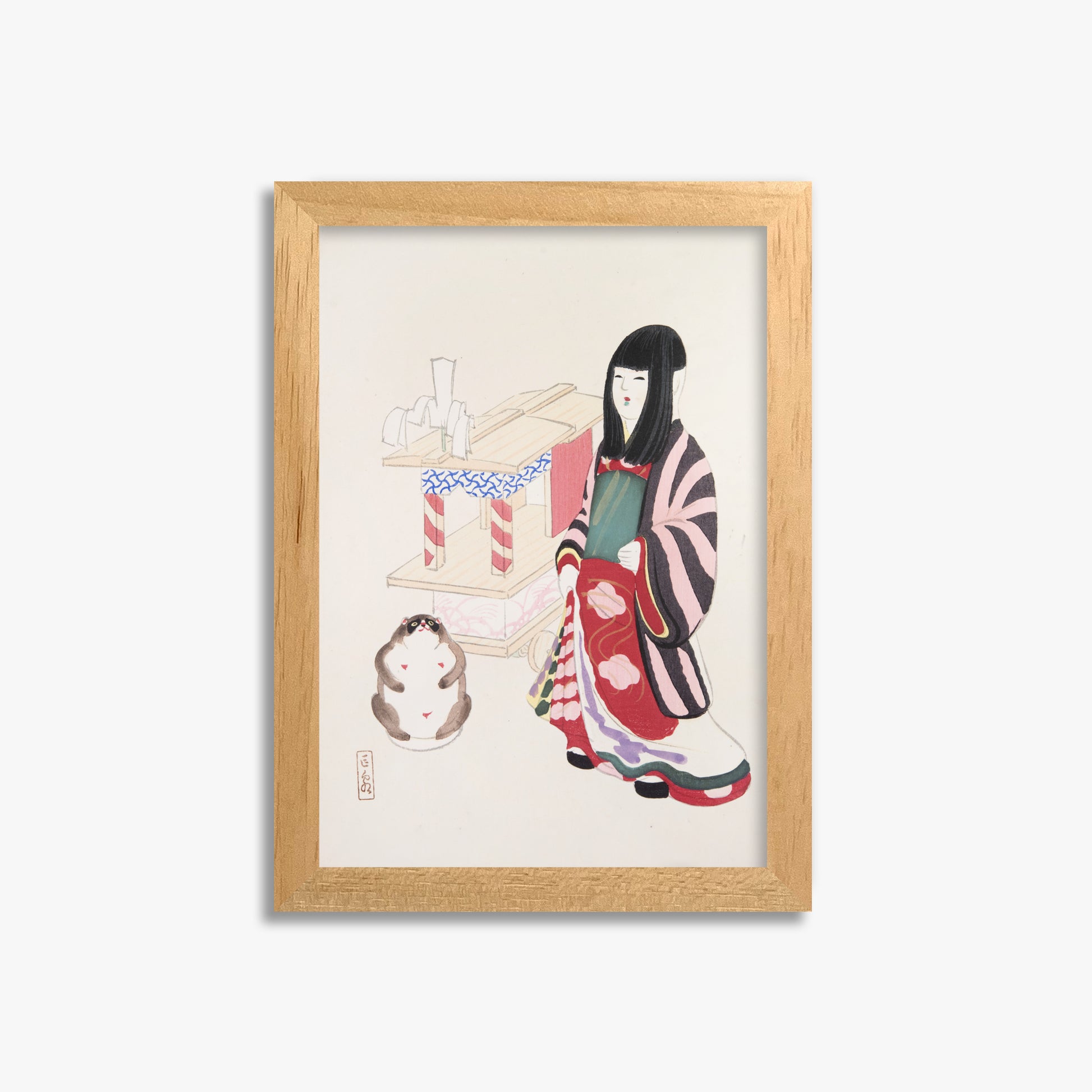 Kawasaki Kyosen: Kyosen’s Collected Illustrations of Japanese Toys Nr. 87 ("Serene Guardian of Tradition"), 21x30cm Framed Art Reproduction With Oak Frame