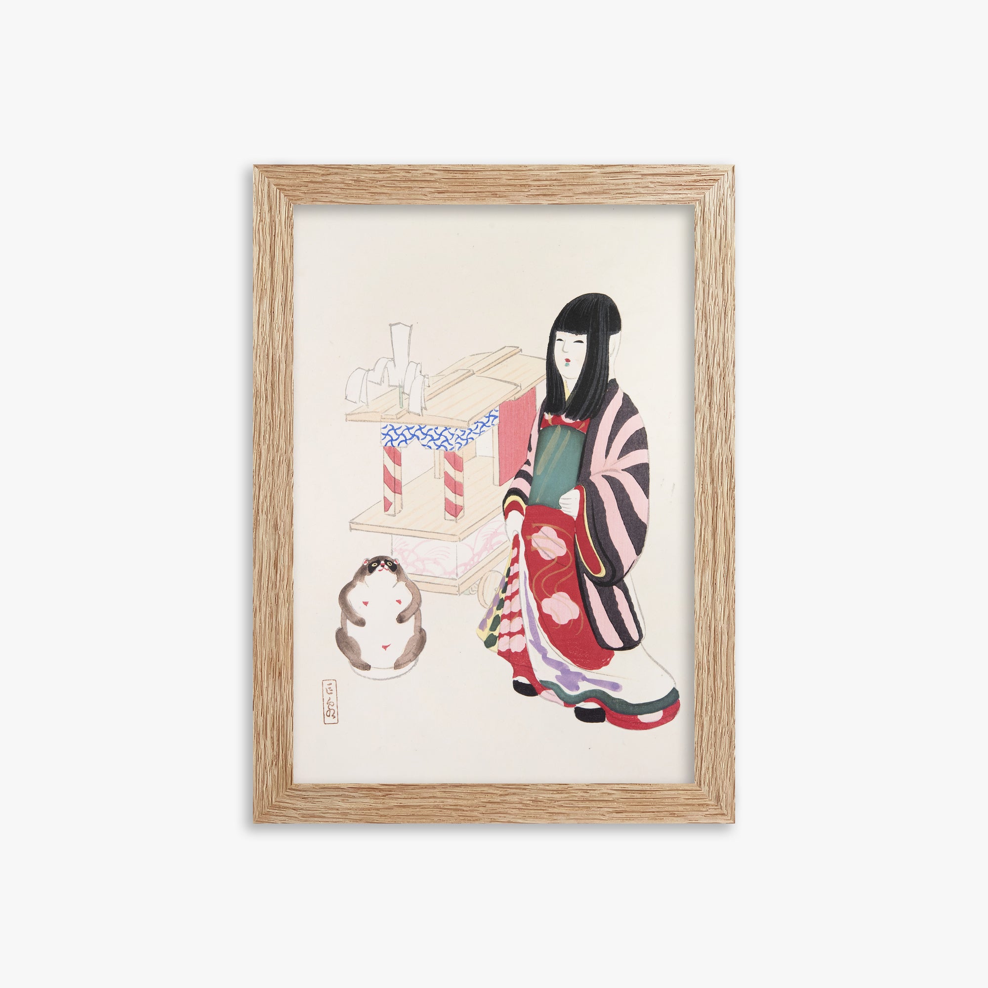 Kawasaki Kyosen: Kyosen’s Collected Illustrations of Japanese Toys Nr. 87 ("Serene Guardian of Tradition"), 21x30cm Framed Art Reproduction With Raw Oak Frame