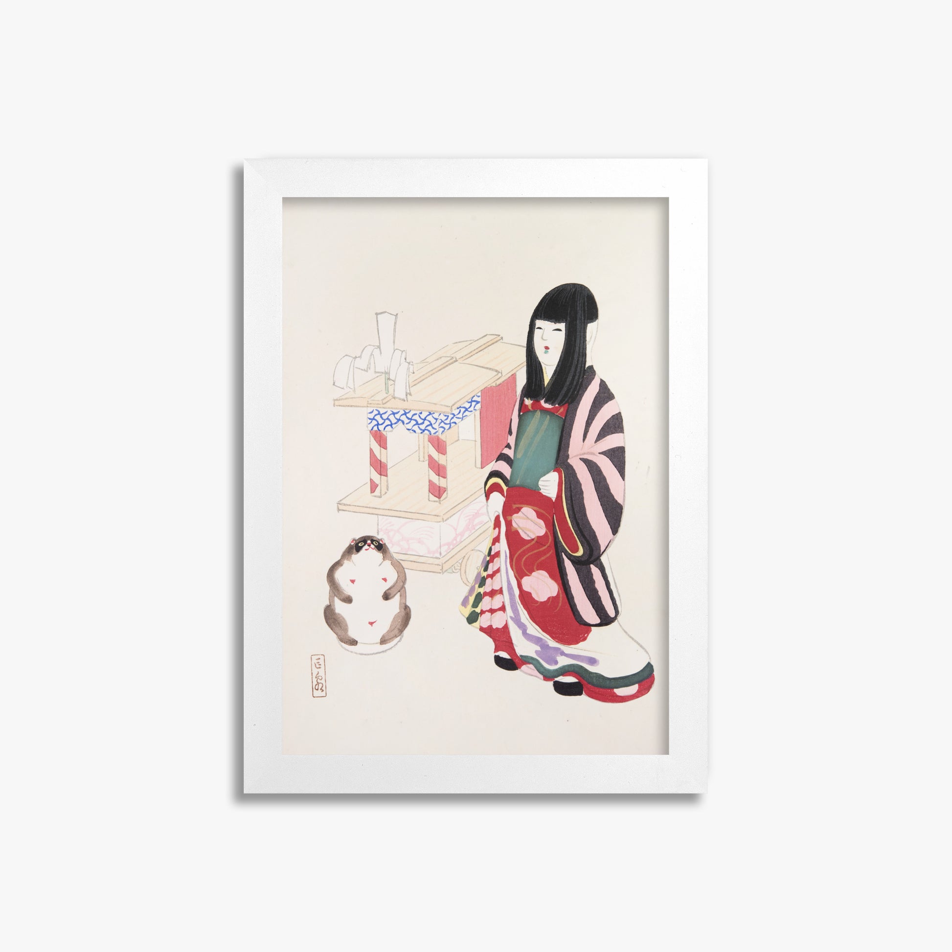 Kawasaki Kyosen: Kyosen’s Collected Illustrations of Japanese Toys Nr. 87 ("Serene Guardian of Tradition"), 21x30cm Framed Art Reproduction With White Frame