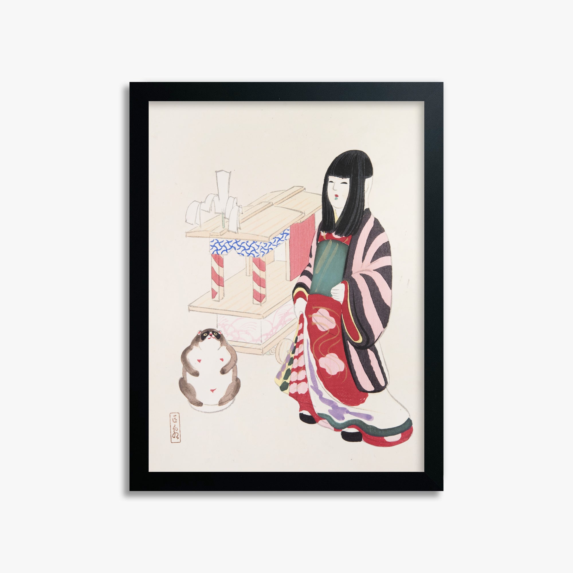 Kawasaki Kyosen: Kyosen’s Collected Illustrations of Japanese Toys Nr. 87 ("Serene Guardian of Tradition"), 30x40cm Framed Art Reproduction With Black Frame