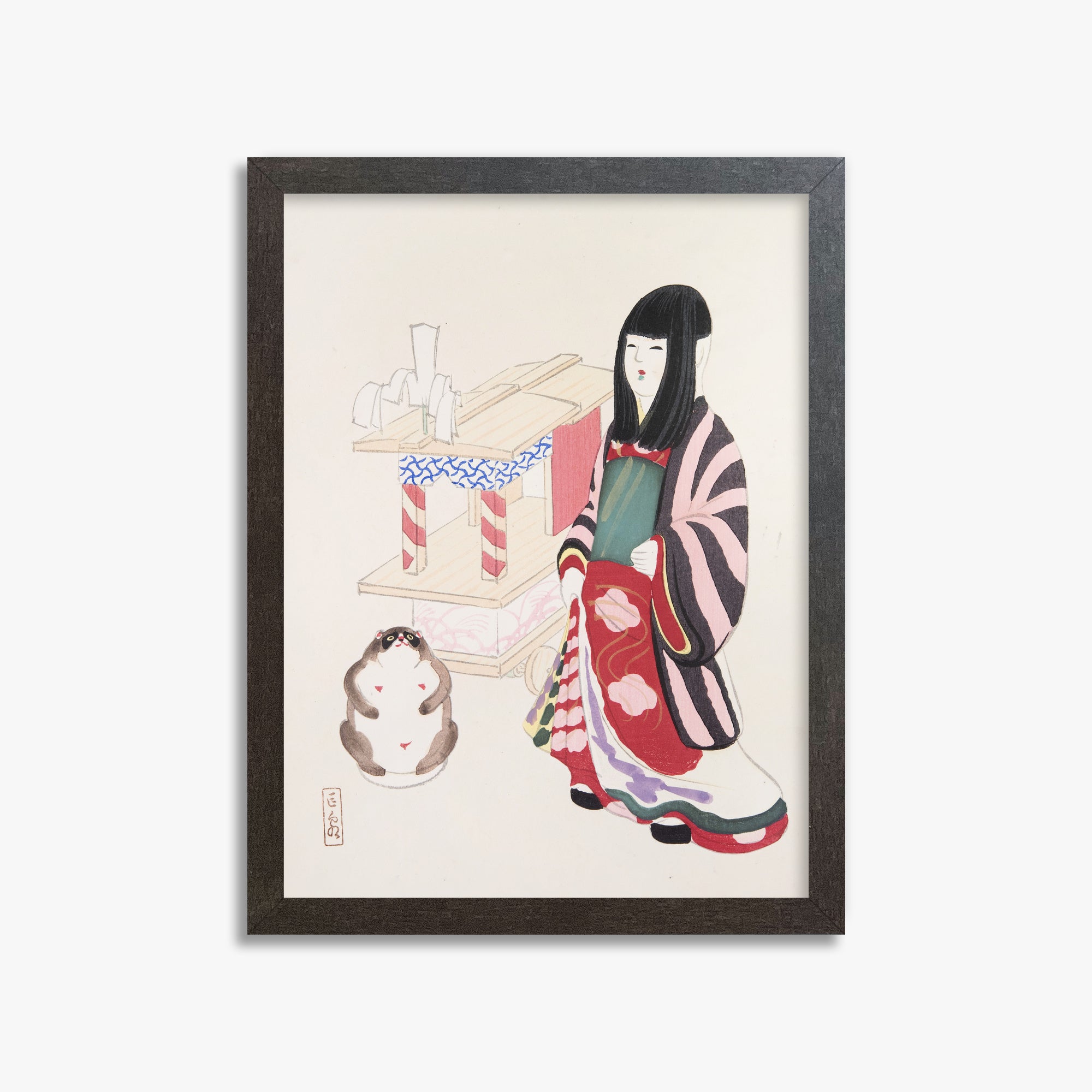 Kawasaki Kyosen: Kyosen’s Collected Illustrations of Japanese Toys Nr. 87 ("Serene Guardian of Tradition"), 30x40cm Framed Art Reproduction With Espresso Frame