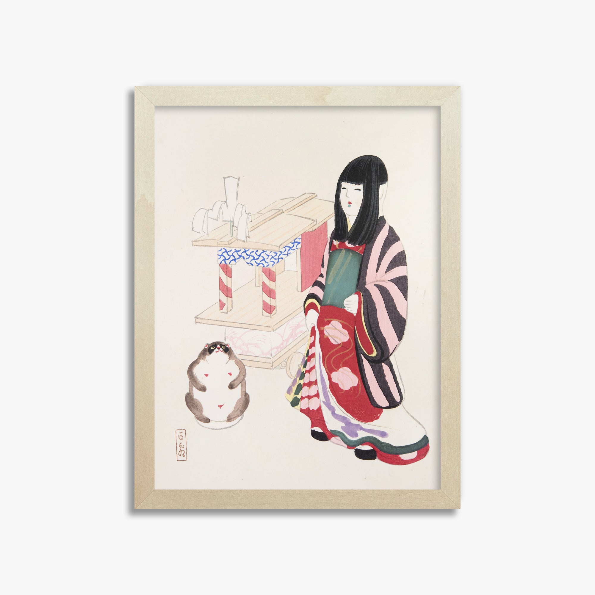 Kawasaki Kyosen: Kyosen’s Collected Illustrations of Japanese Toys Nr. 87 ("Serene Guardian of Tradition"), 30x40cm Framed Art Reproduction With Lime Wood Frame