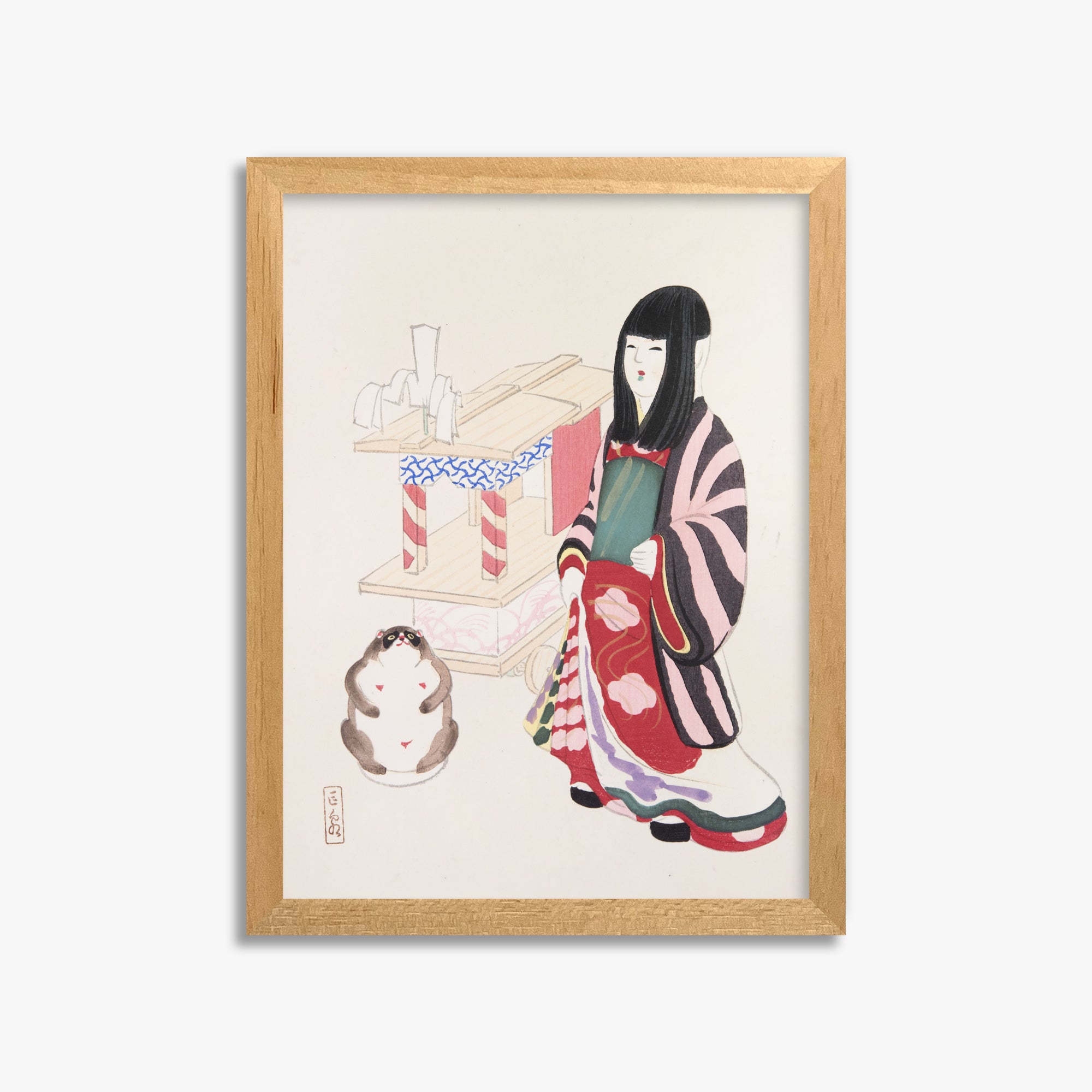 Kawasaki Kyosen: Kyosen’s Collected Illustrations of Japanese Toys Nr. 87 ("Serene Guardian of Tradition"), 30x40cm Framed Art Reproduction With Oak Frame