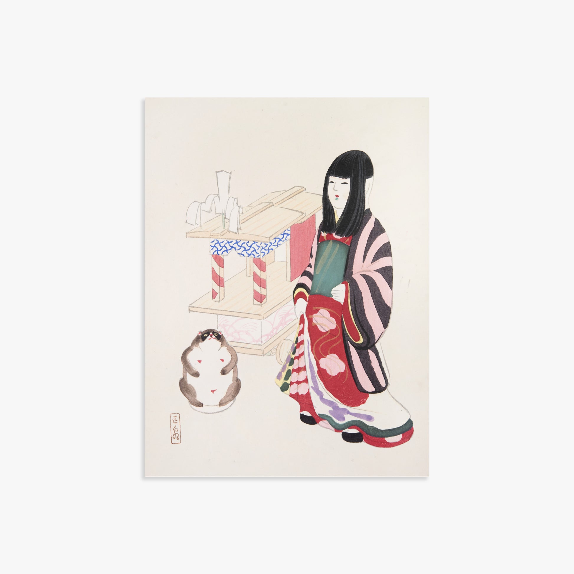 Kawasaki Kyosen: Kyosen’s Collected Illustrations of Japanese Toys Nr. 87 ("Serene Guardian of Tradition"), 30x40cm Art Reproduction Unframed
