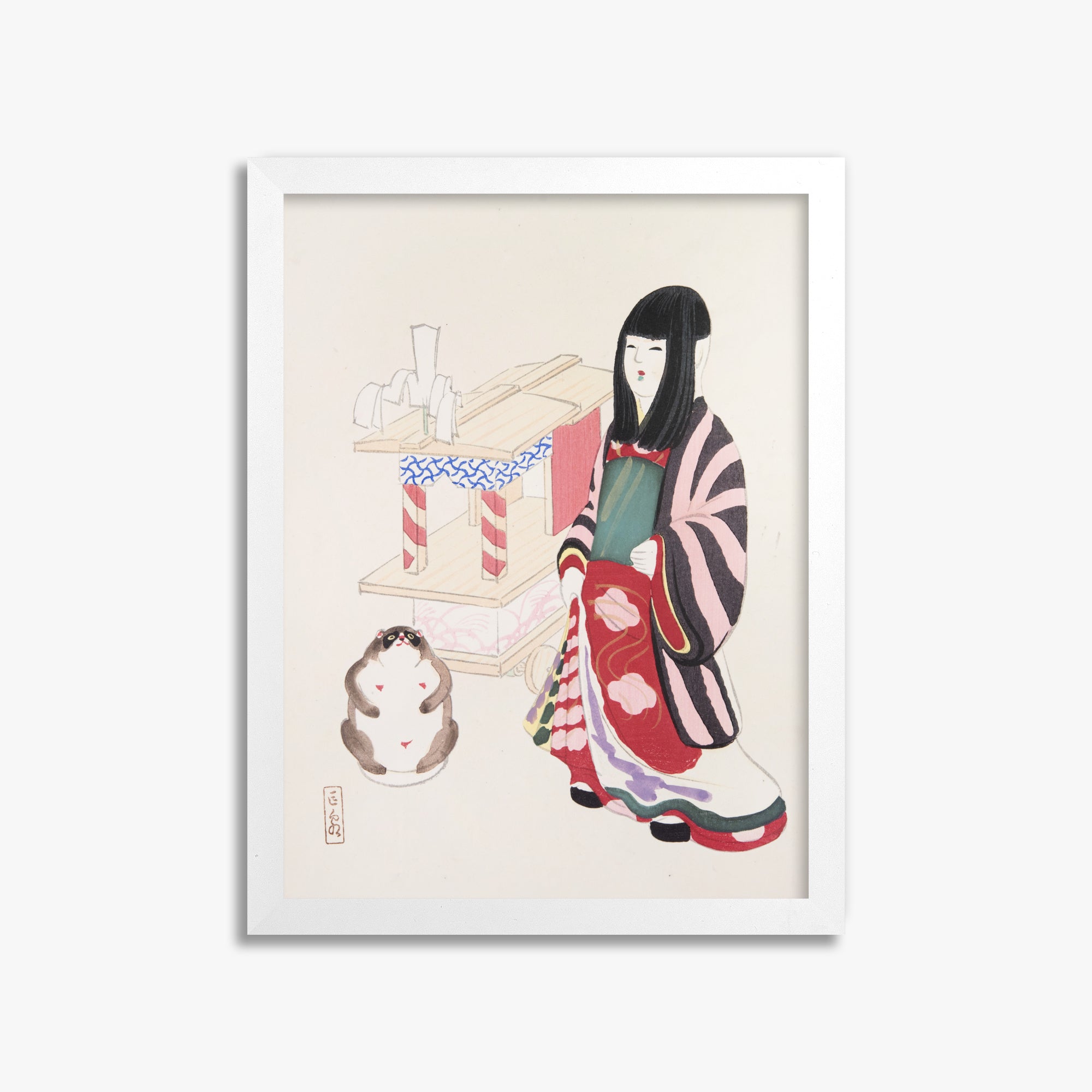 Kawasaki Kyosen: Kyosen’s Collected Illustrations of Japanese Toys Nr. 87 ("Serene Guardian of Tradition"), 30x40cm Framed Art Reproduction With White Frame