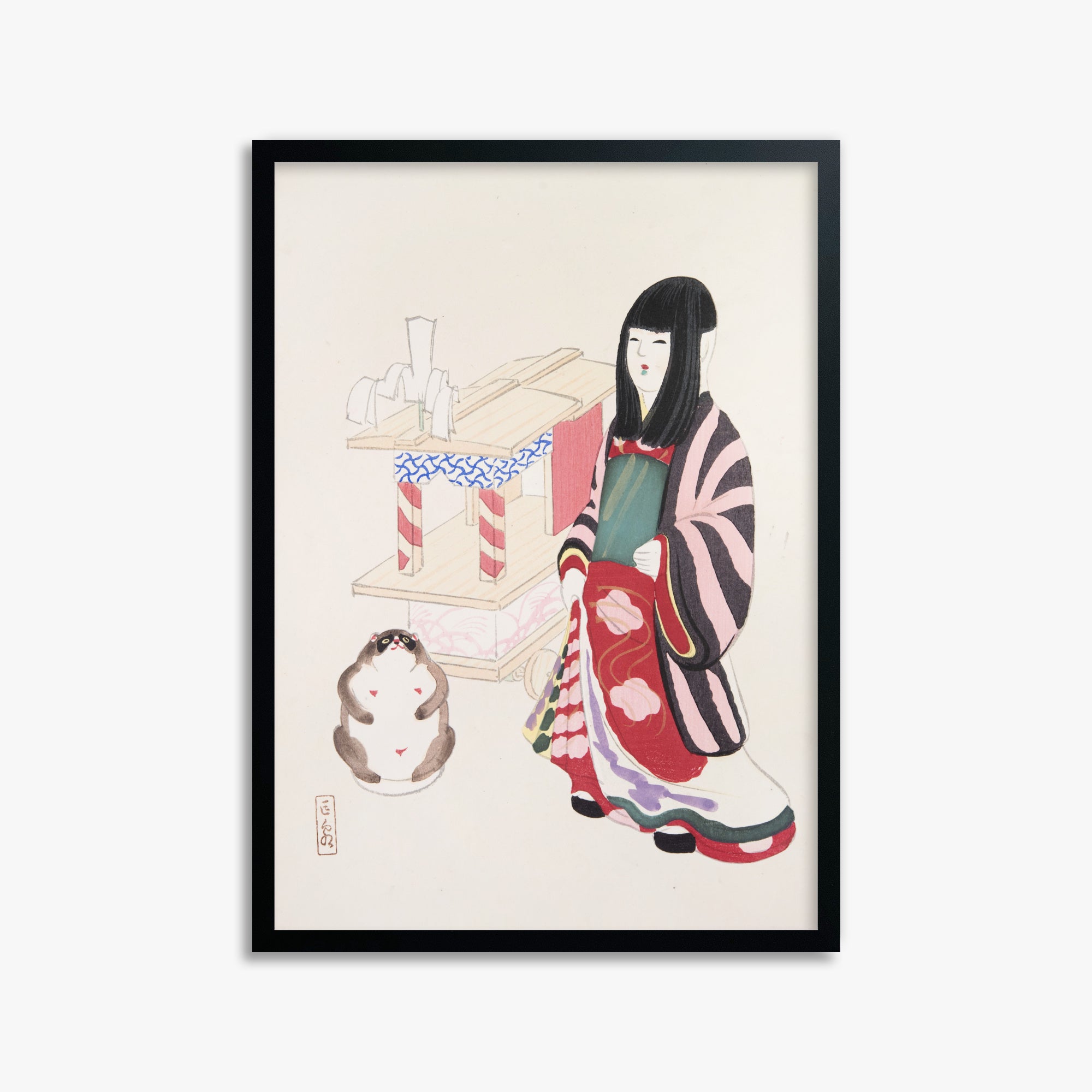 Kawasaki Kyosen: Kyosen’s Collected Illustrations of Japanese Toys Nr. 87 ("Serene Guardian of Tradition"), 50x70cm Framed Art Reproduction With Black Frame