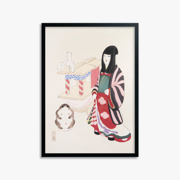 Kawasaki Kyosen: Kyosen’s Collected Illustrations of Japanese Toys Nr. 87 ("Serene Guardian of Tradition"), 50x70cm Framed Art Reproduction With Black Frame