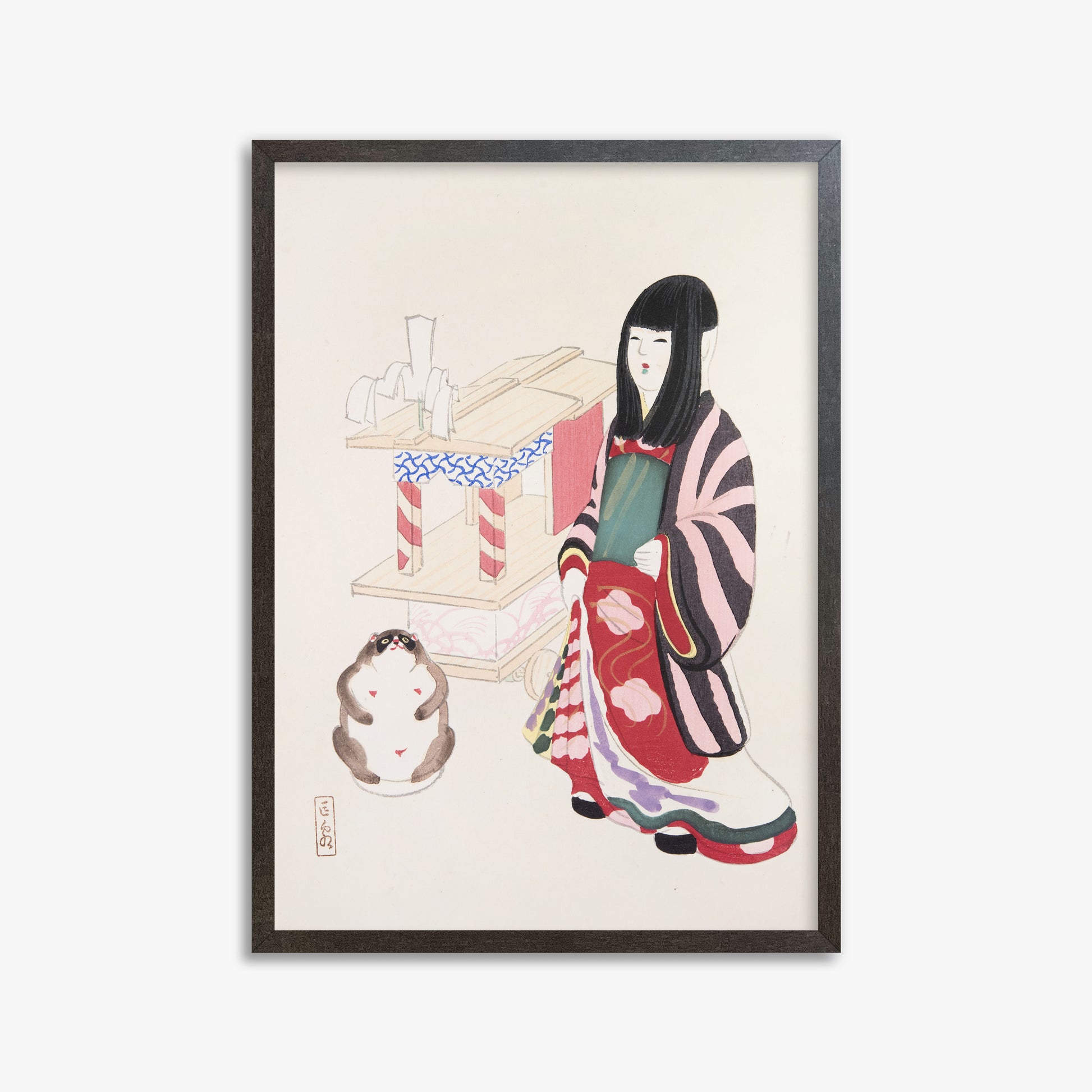 Kawasaki Kyosen: Kyosen’s Collected Illustrations of Japanese Toys Nr. 87 ("Serene Guardian of Tradition"), 50x70cm Framed Art Reproduction With Espresso Frame