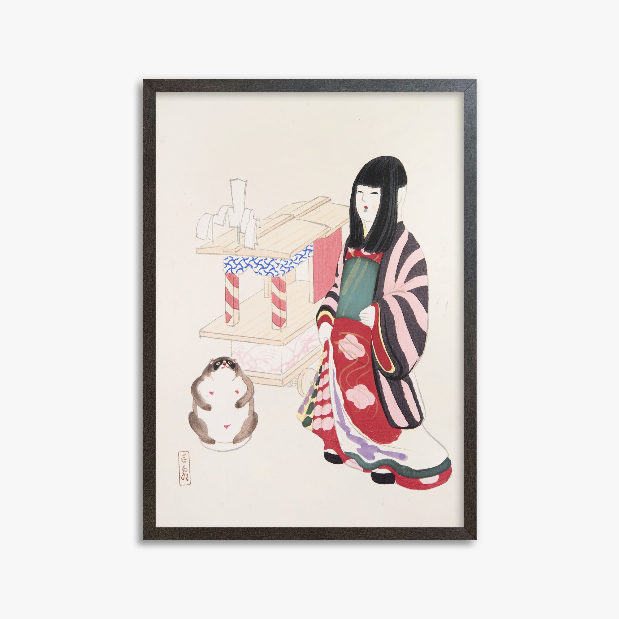 Kawasaki Kyosen: Kyosen’s Collected Illustrations of Japanese Toys Nr. 87 ("Serene Guardian of Tradition"), 50x70cm Framed Art Reproduction With Espresso Frame