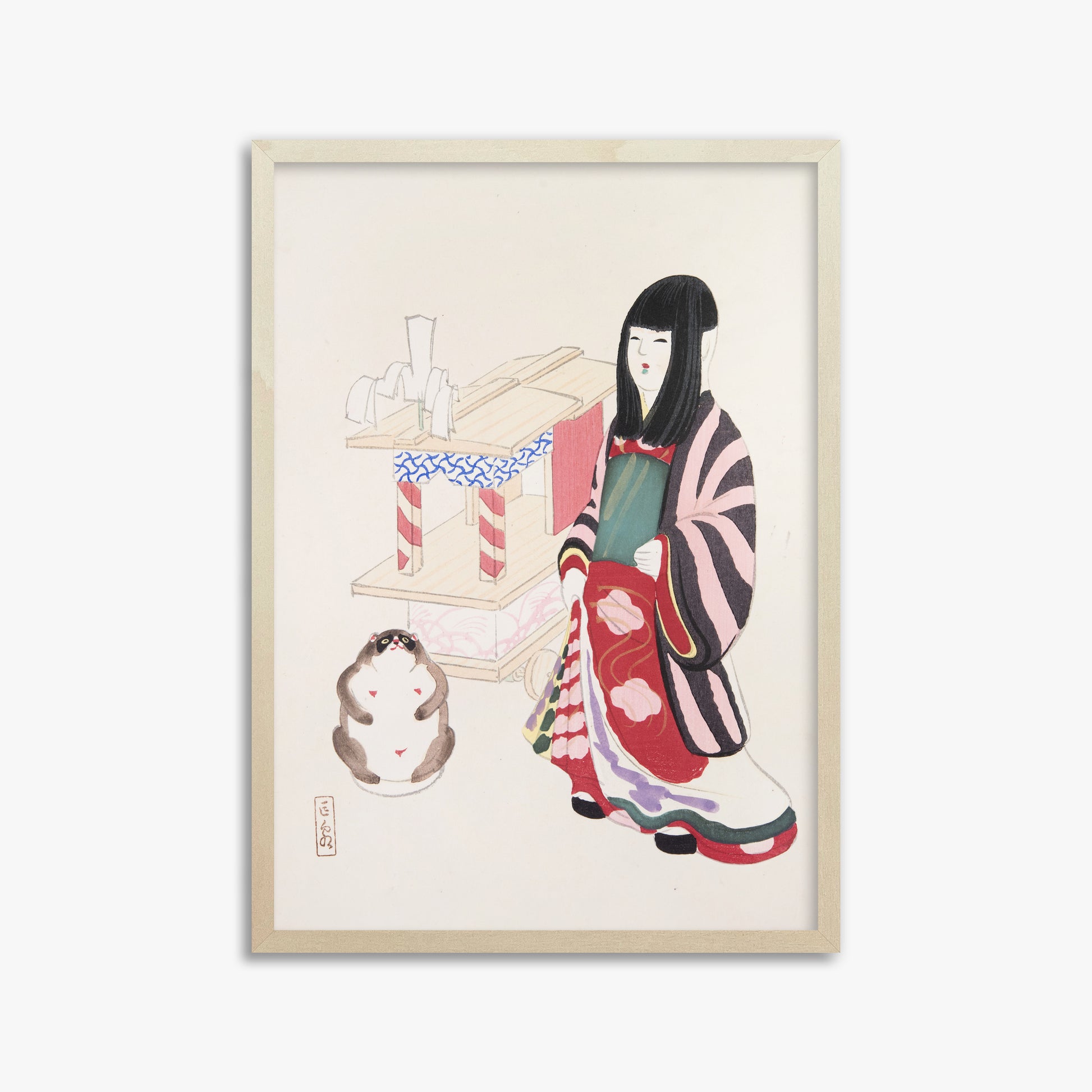Kawasaki Kyosen: Kyosen’s Collected Illustrations of Japanese Toys Nr. 87 ("Serene Guardian of Tradition"), 50x70cm Framed Art Reproduction With Lime Wood Frame