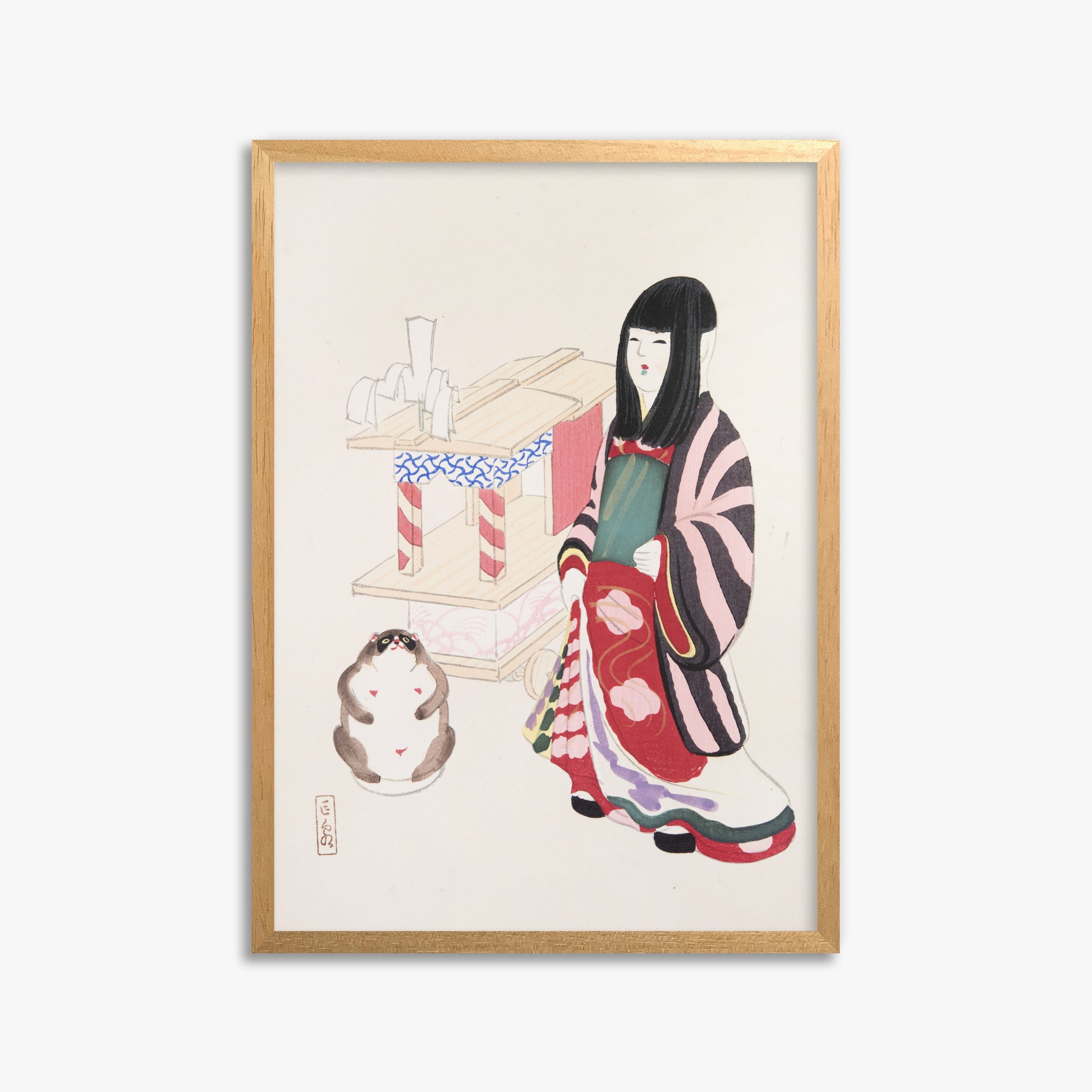 Kawasaki Kyosen: Kyosen’s Collected Illustrations of Japanese Toys Nr. 87 ("Serene Guardian of Tradition"), 50x70cm Framed Art Reproduction With Oak Frame