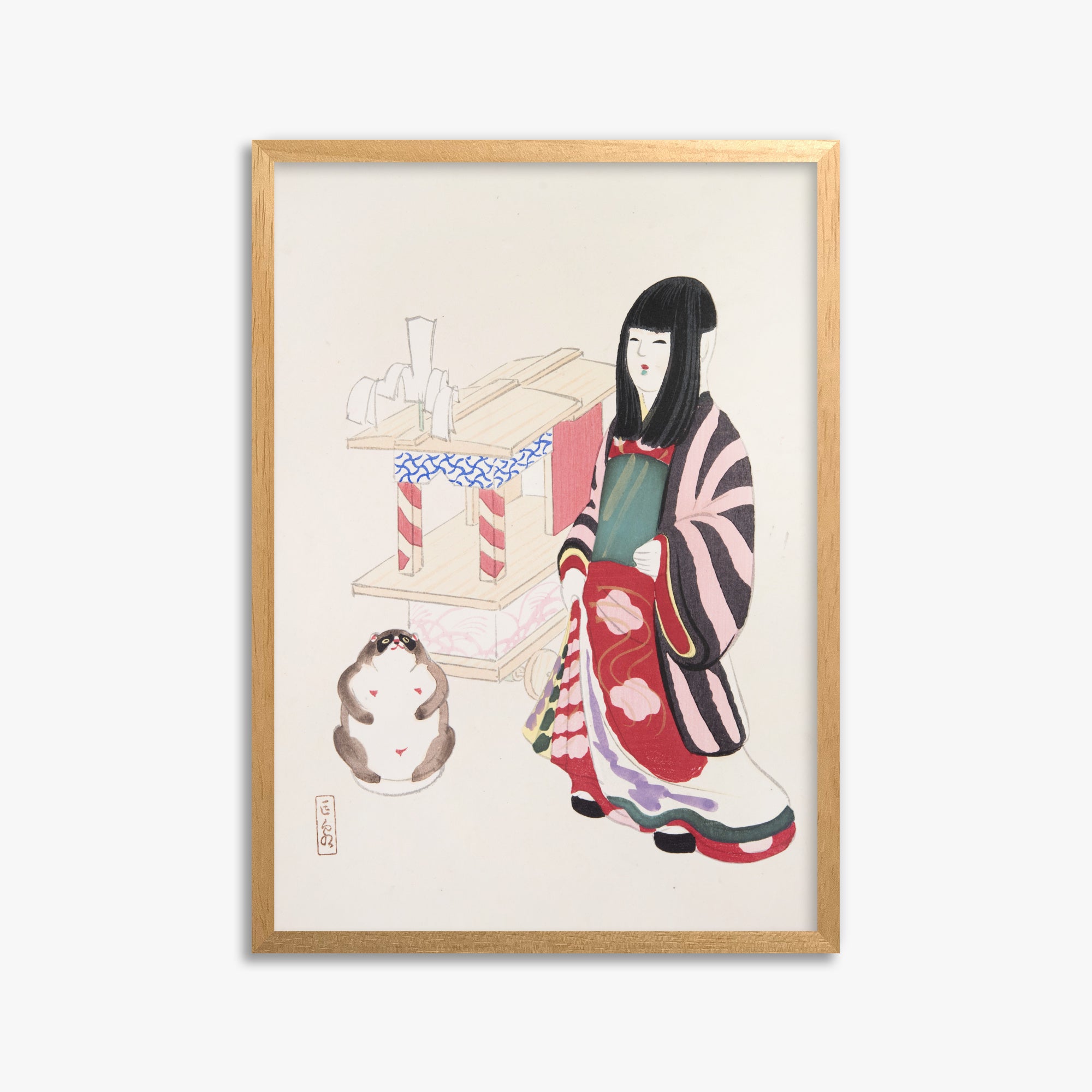 Kawasaki Kyosen: Kyosen’s Collected Illustrations of Japanese Toys Nr. 87 ("Serene Guardian of Tradition"), 50x70cm Framed Art Reproduction With Oak Frame