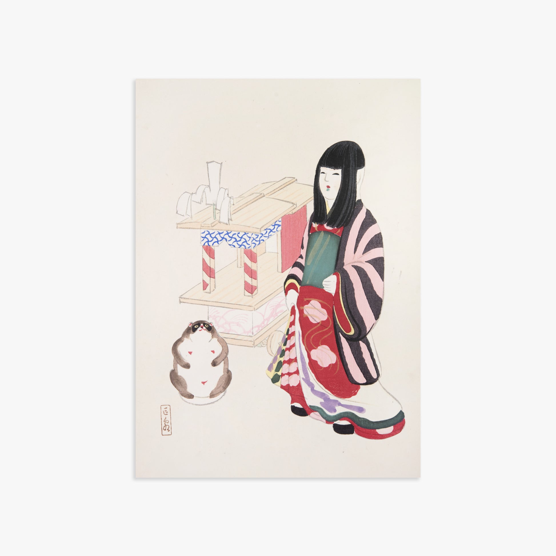 Kawasaki Kyosen: Kyosen’s Collected Illustrations of Japanese Toys Nr. 87 ("Serene Guardian of Tradition"), 50x70cm Art Reproduction Unframed