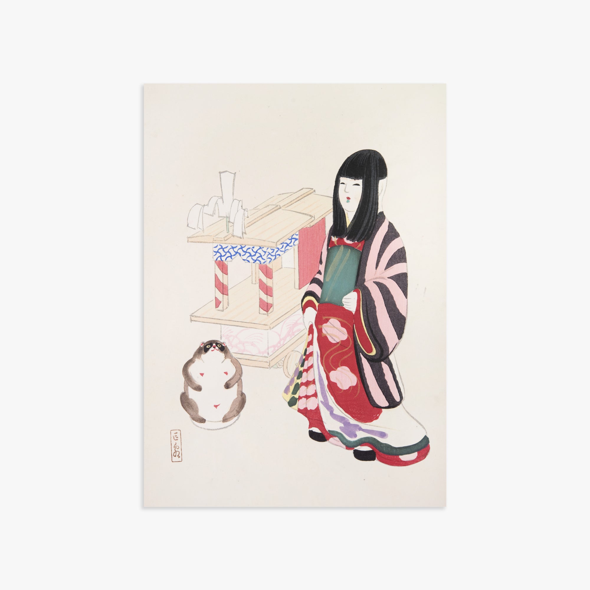 Kawasaki Kyosen: Kyosen’s Collected Illustrations of Japanese Toys Nr. 87 ("Serene Guardian of Tradition"), 50x70cm Art Reproduction Unframed