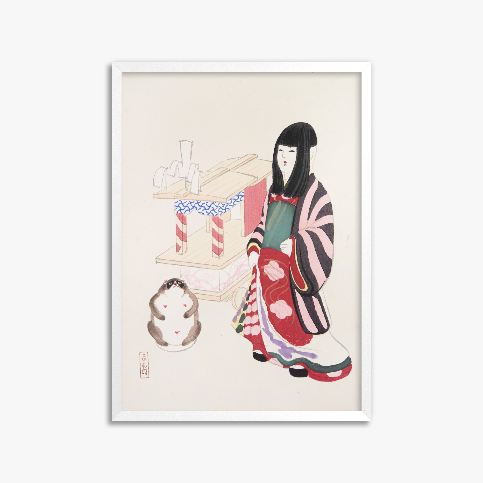 Kawasaki Kyosen: Kyosen’s Collected Illustrations of Japanese Toys Nr. 87 ("Serene Guardian of Tradition"), 50x70cm Framed Art Reproduction With White Frame