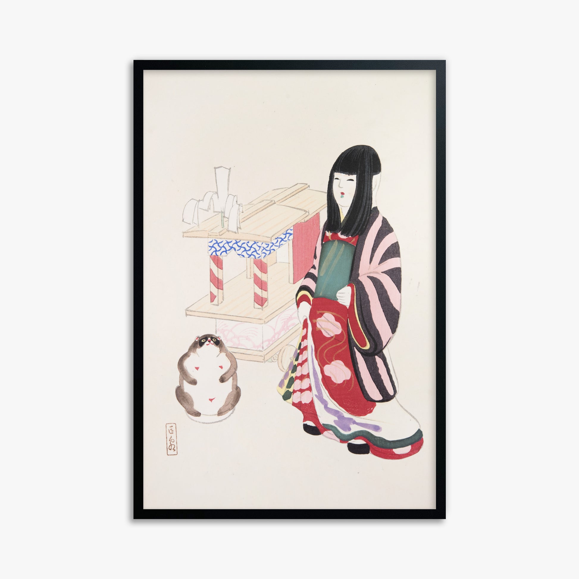 Kawasaki Kyosen: Kyosen’s Collected Illustrations of Japanese Toys Nr. 87 ("Serene Guardian of Tradition"), 61x91cm Framed Art Reproduction With Black Frame
