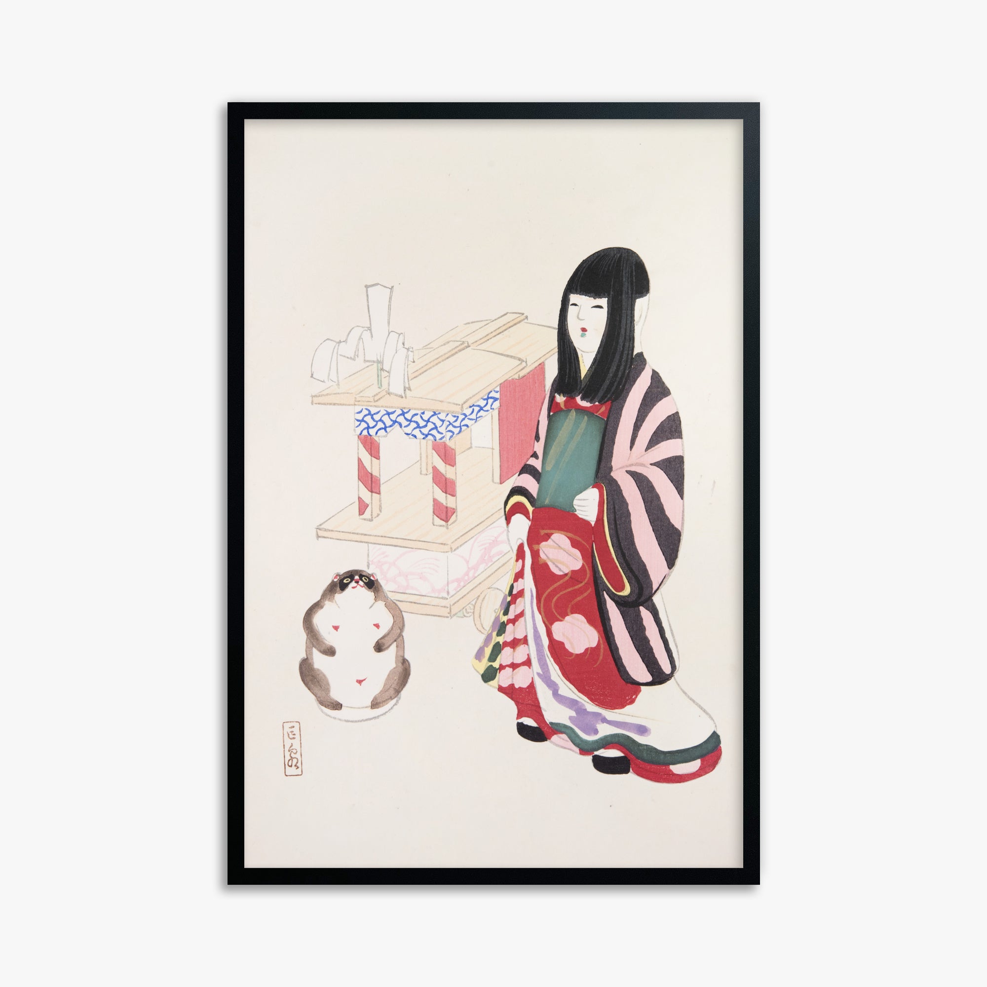 Kawasaki Kyosen: Kyosen’s Collected Illustrations of Japanese Toys Nr. 87 ("Serene Guardian of Tradition"), 61x91cm Framed Art Reproduction With Black Frame