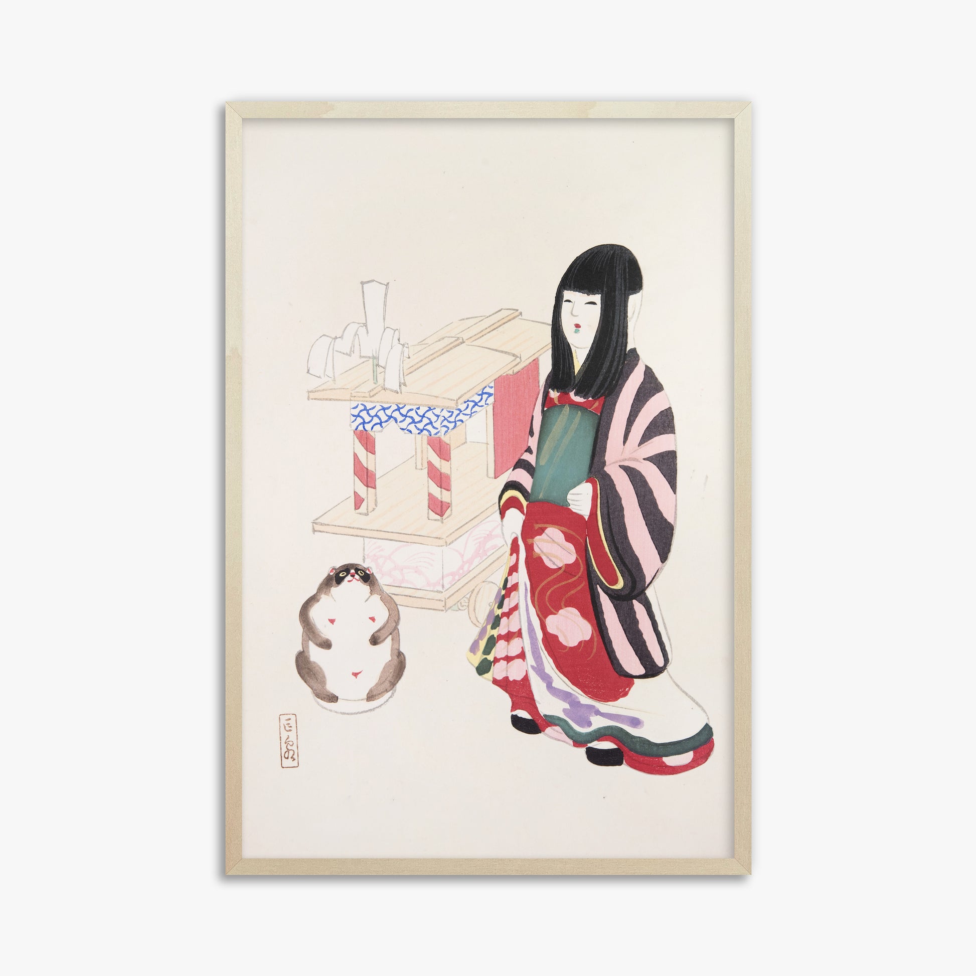 Kawasaki Kyosen: Kyosen’s Collected Illustrations of Japanese Toys Nr. 87 ("Serene Guardian of Tradition"), 61x91cm Framed Art Reproduction With Lime Wood Frame