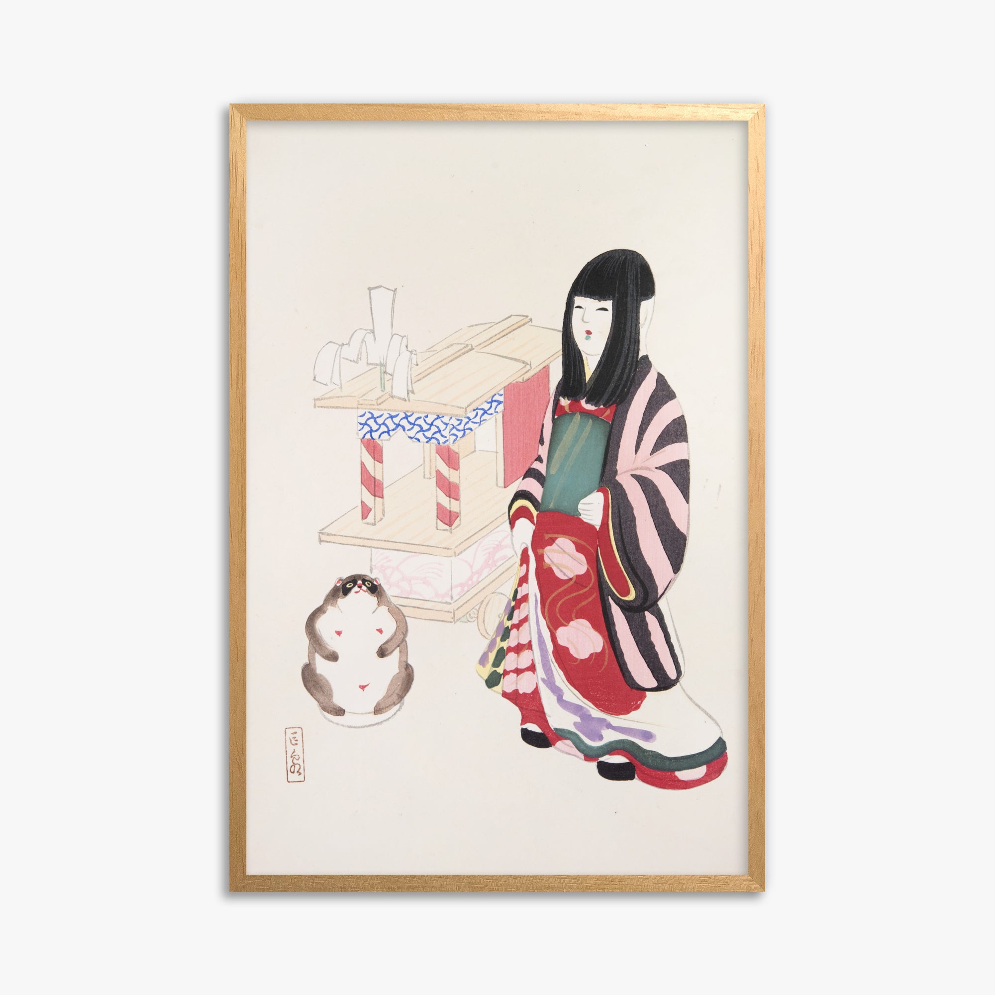 Kawasaki Kyosen: Kyosen’s Collected Illustrations of Japanese Toys Nr. 87 ("Serene Guardian of Tradition"), 61x91cm Framed Art Reproduction With Oak Frame