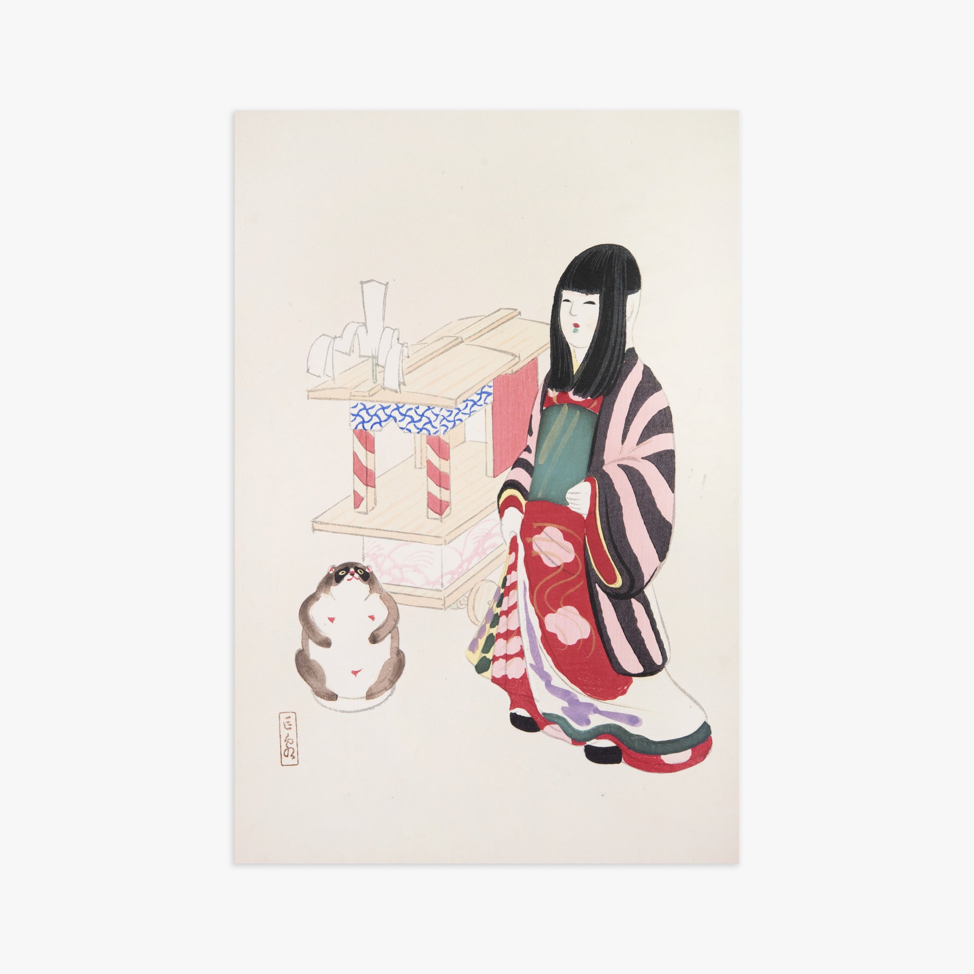Kawasaki Kyosen: Kyosen’s Collected Illustrations of Japanese Toys Nr. 87 ("Serene Guardian of Tradition"), 61x91cm Art Reproduction Unframed