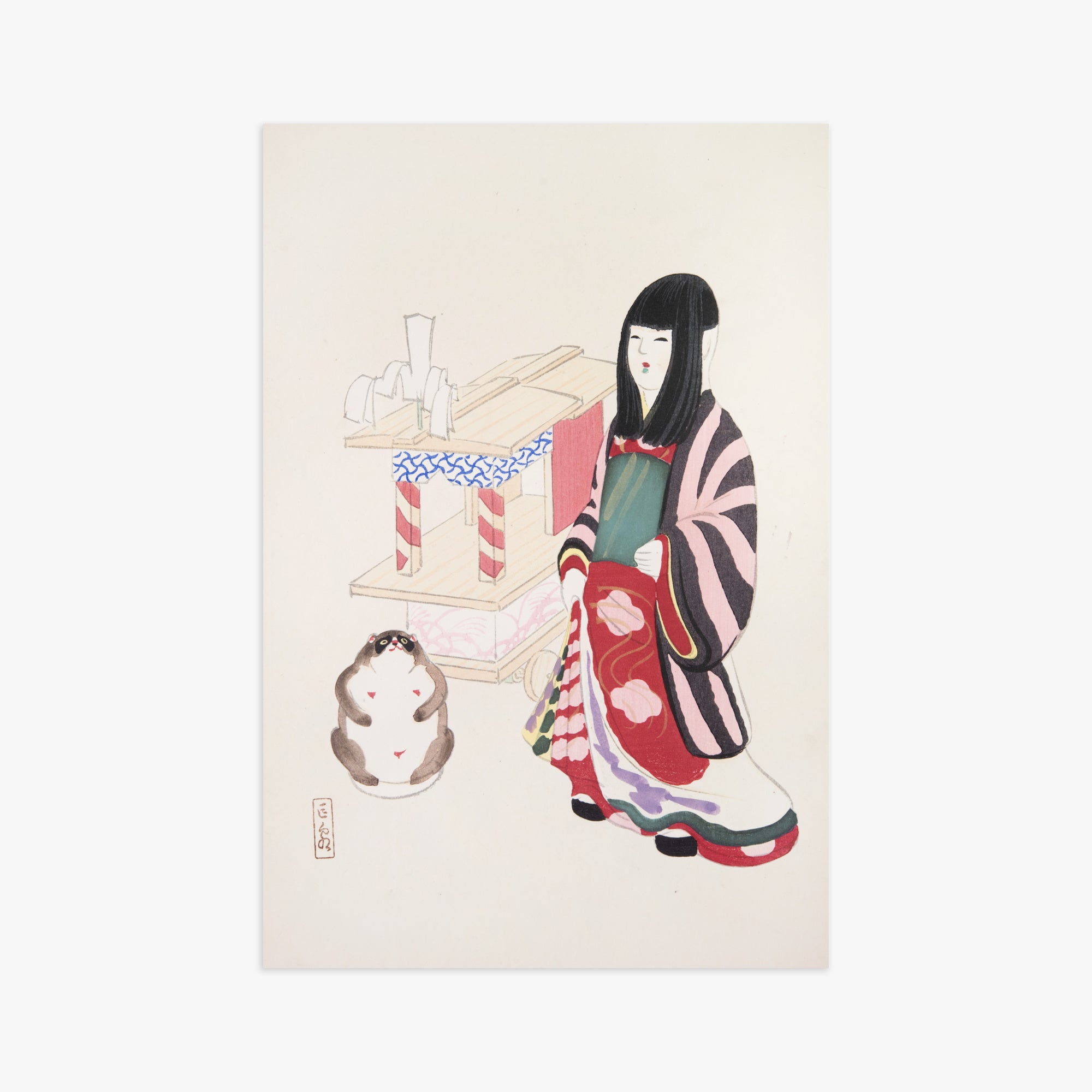 Kawasaki Kyosen: Kyosen’s Collected Illustrations of Japanese Toys Nr. 87 ("Serene Guardian of Tradition"), 61x91cm Art Reproduction Unframed