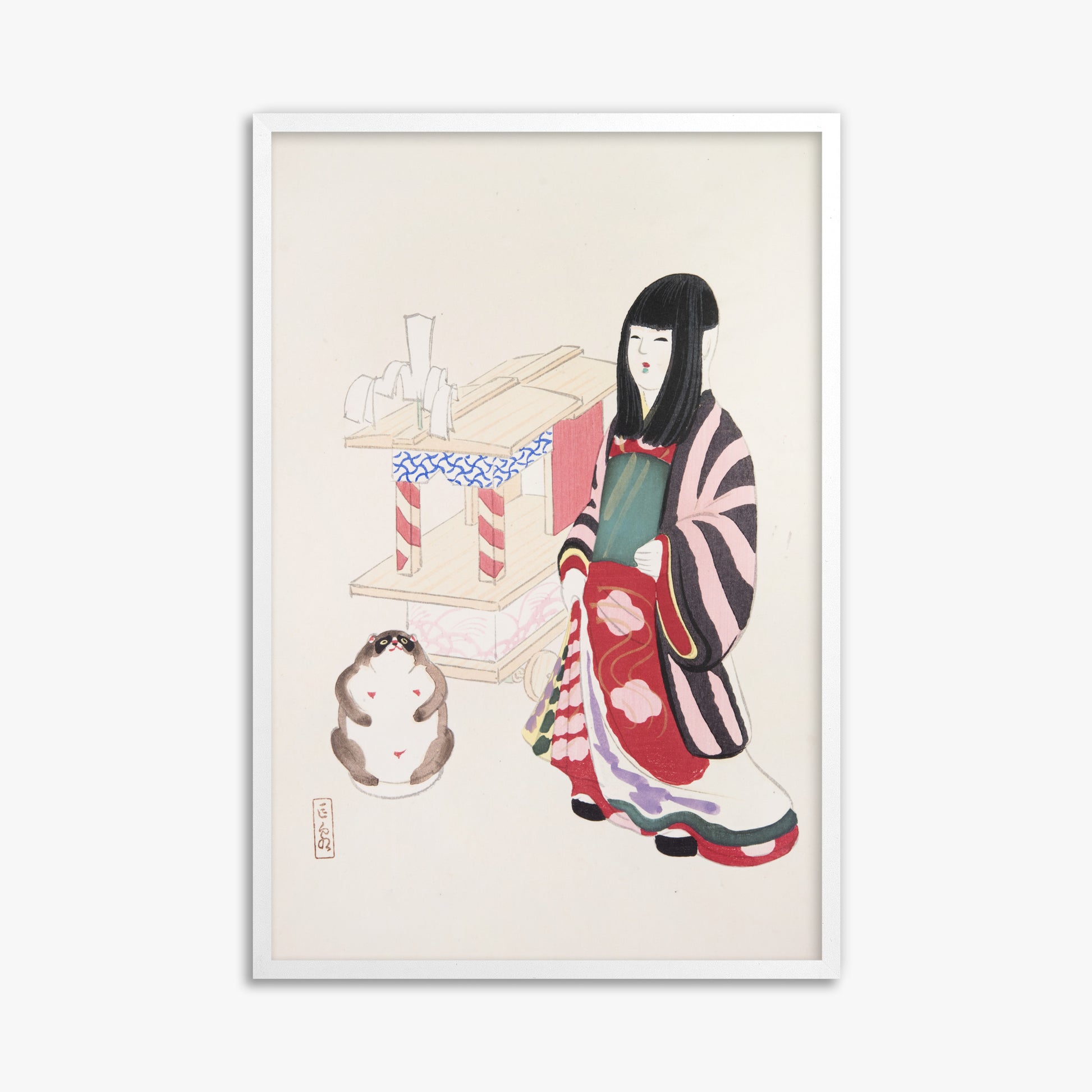 Kawasaki Kyosen: Kyosen’s Collected Illustrations of Japanese Toys Nr. 87 ("Serene Guardian of Tradition"), 61x91cm Framed Art Reproduction With White Frame