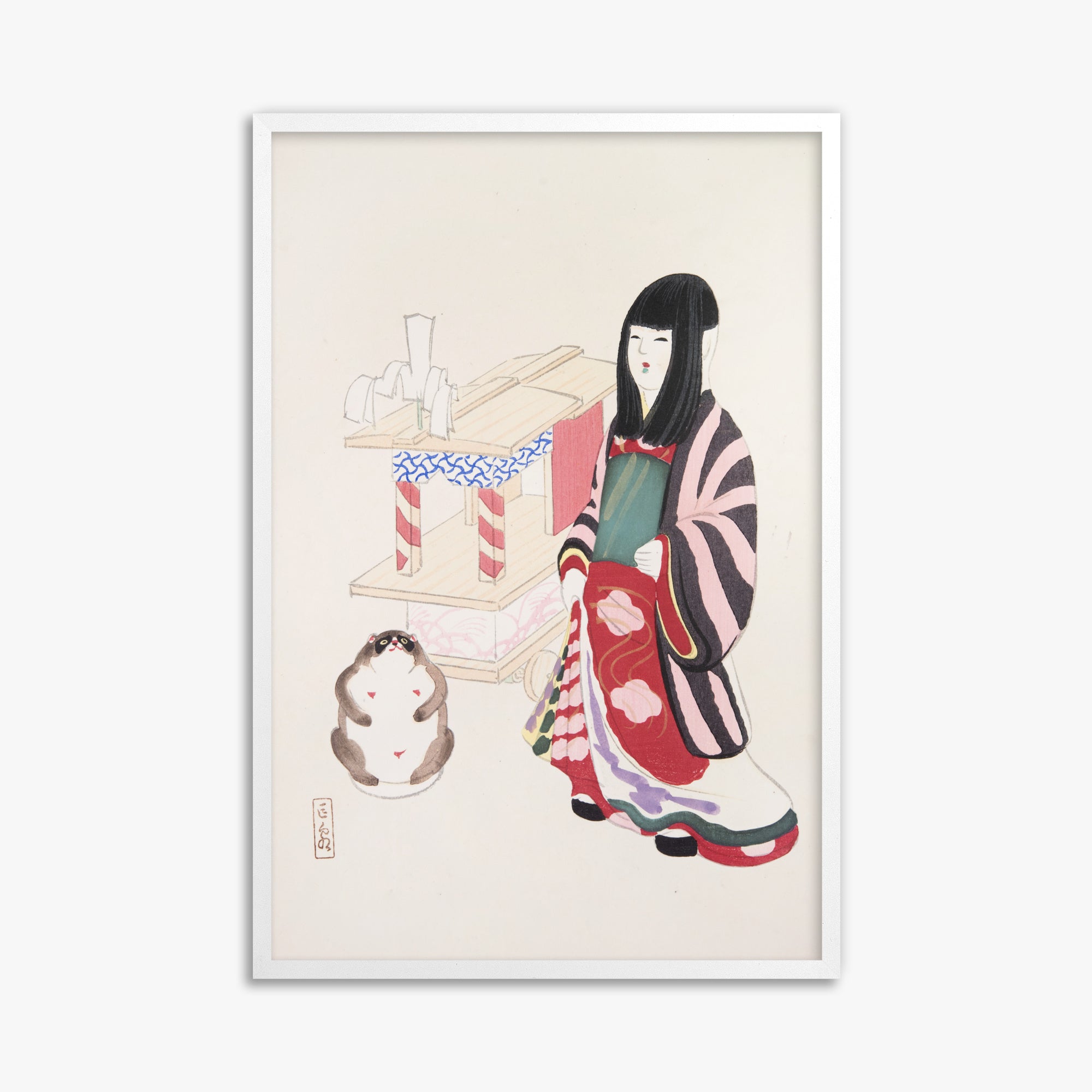 Kawasaki Kyosen: Kyosen’s Collected Illustrations of Japanese Toys Nr. 87 ("Serene Guardian of Tradition"), 61x91cm Framed Art Reproduction With White Frame