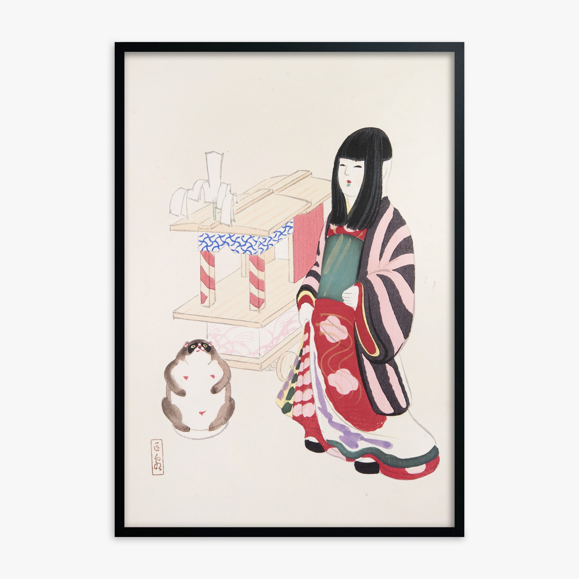 Kawasaki Kyosen: Kyosen’s Collected Illustrations of Japanese Toys Nr. 87 ("Serene Guardian of Tradition"), Black Framed Art Reproduction With Black Frame