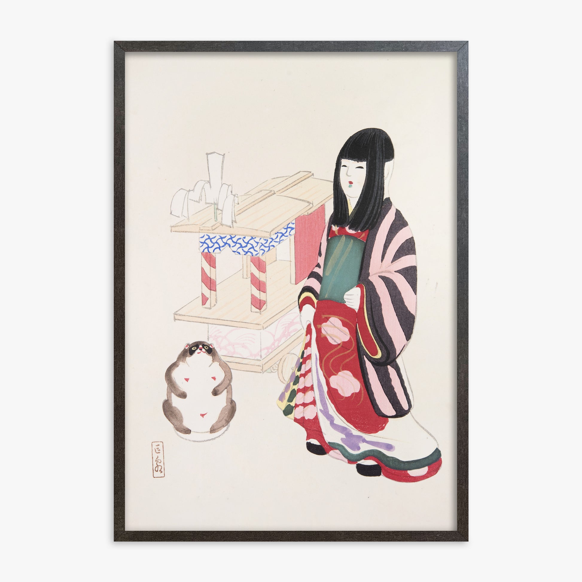 Kawasaki Kyosen: Kyosen’s Collected Illustrations of Japanese Toys Nr. 87 ("Serene Guardian of Tradition"), 70x100cm Framed Art Reproduction With Espresso Frame