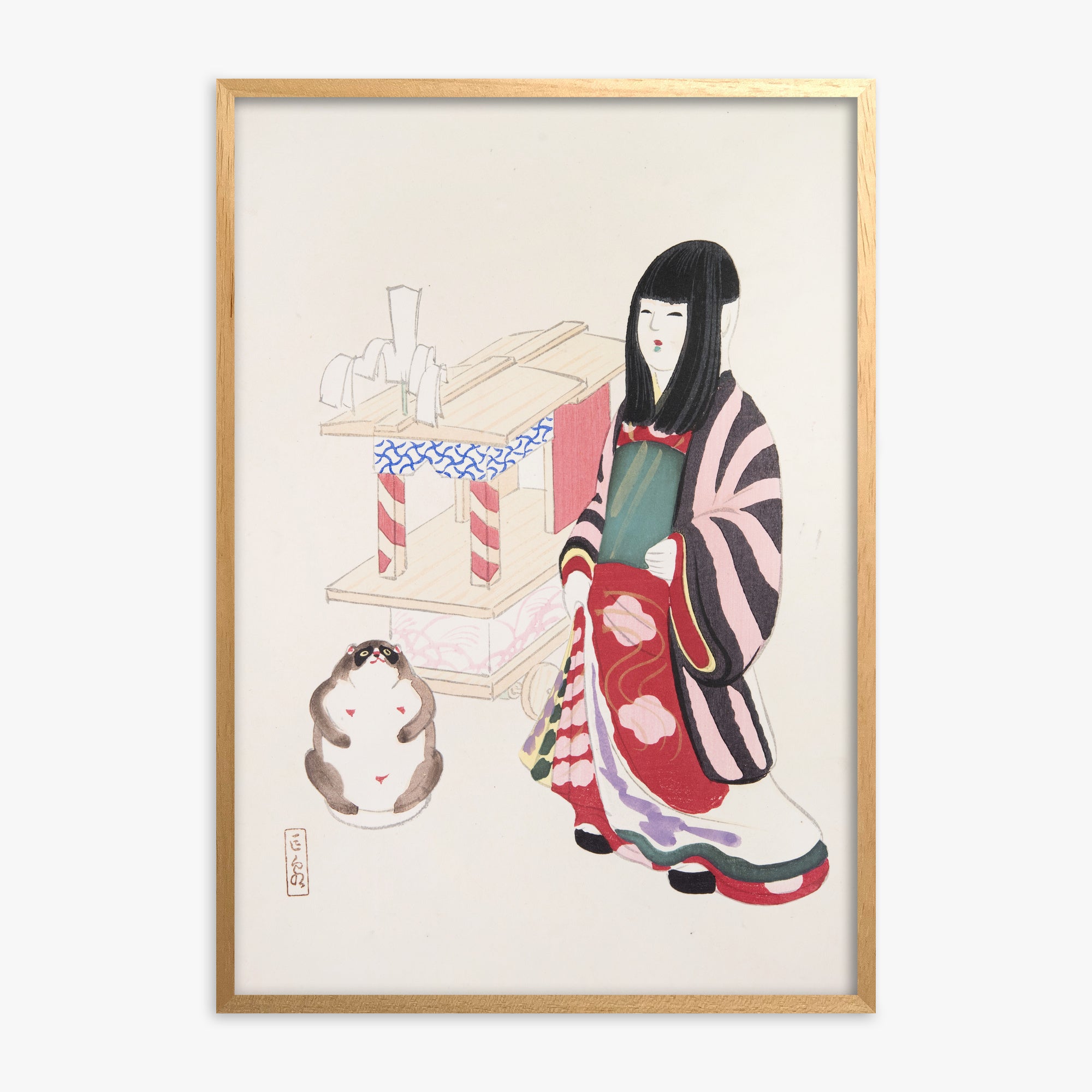Kawasaki Kyosen: Kyosen’s Collected Illustrations of Japanese Toys Nr. 87 ("Serene Guardian of Tradition"), Oak Framed Art Reproduction With Oak Frame