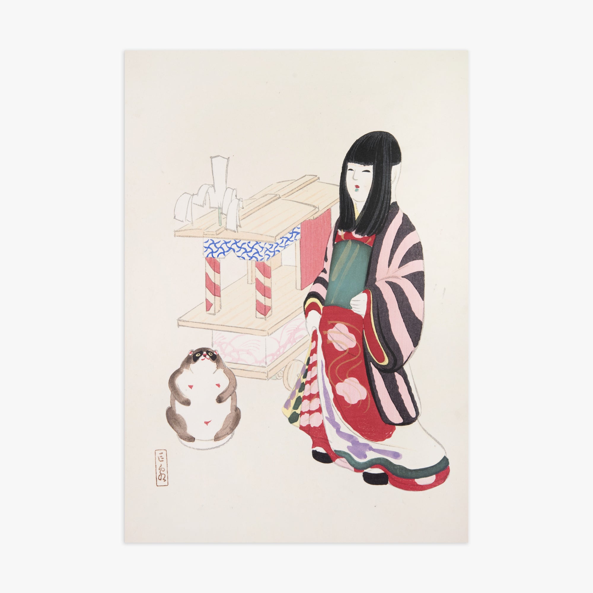 Kawasaki Kyosen: Kyosen’s Collected Illustrations of Japanese Toys Nr. 87 ("Serene Guardian of Tradition"), 70x100cm Art Reproduction Unframed
