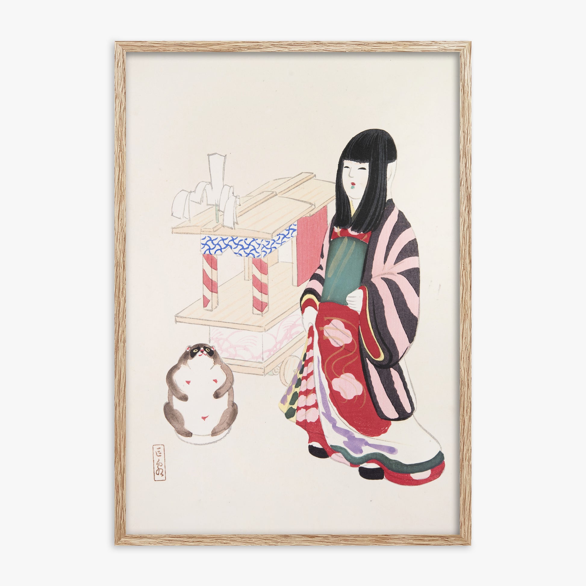 Kawasaki Kyosen: Kyosen’s Collected Illustrations of Japanese Toys Nr. 87 ("Serene Guardian of Tradition"), 70x100cm Framed Art Reproduction With Raw Oak Frame