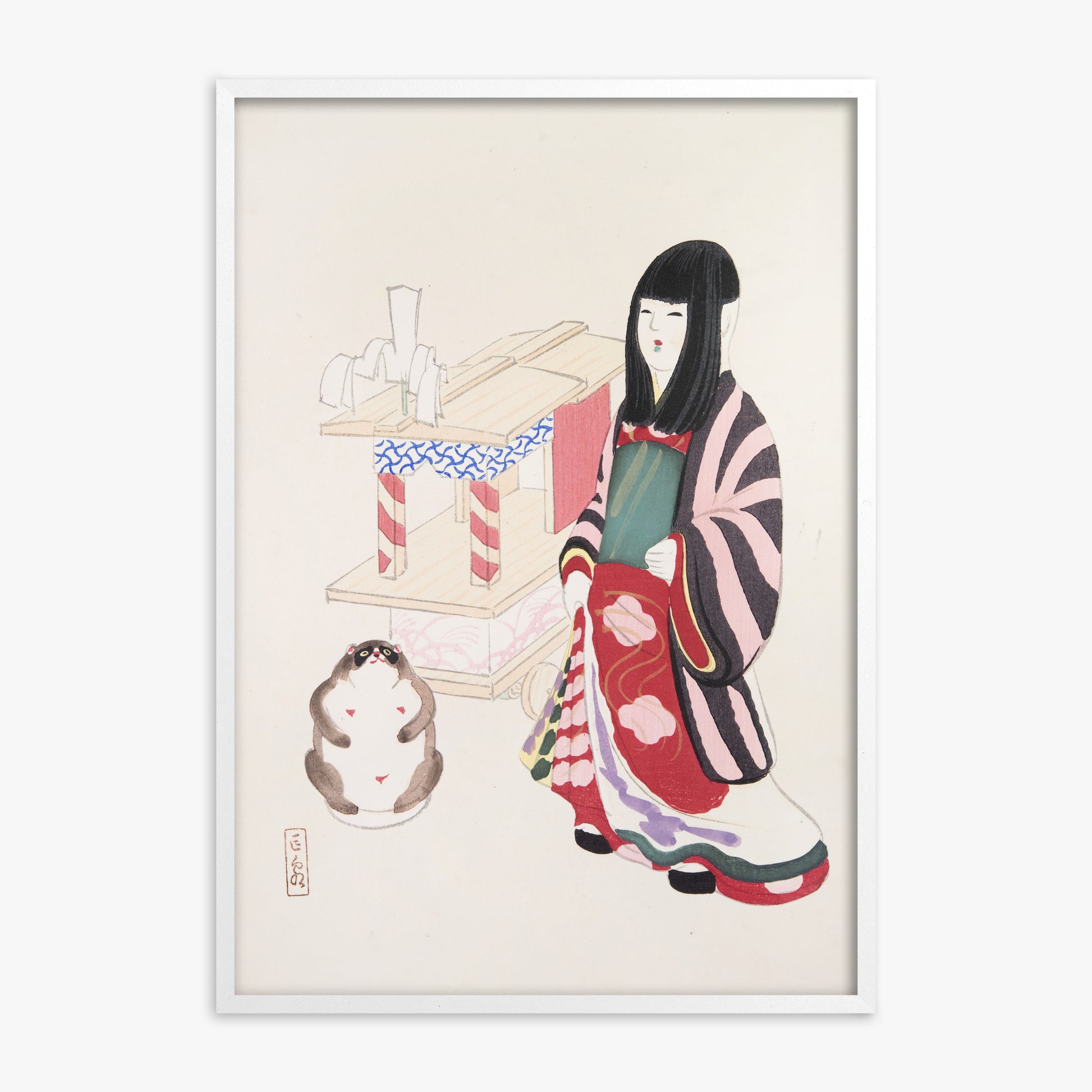 Kawasaki Kyosen: Kyosen’s Collected Illustrations of Japanese Toys Nr. 87 ("Serene Guardian of Tradition"), White Framed Art Reproduction With White Frame