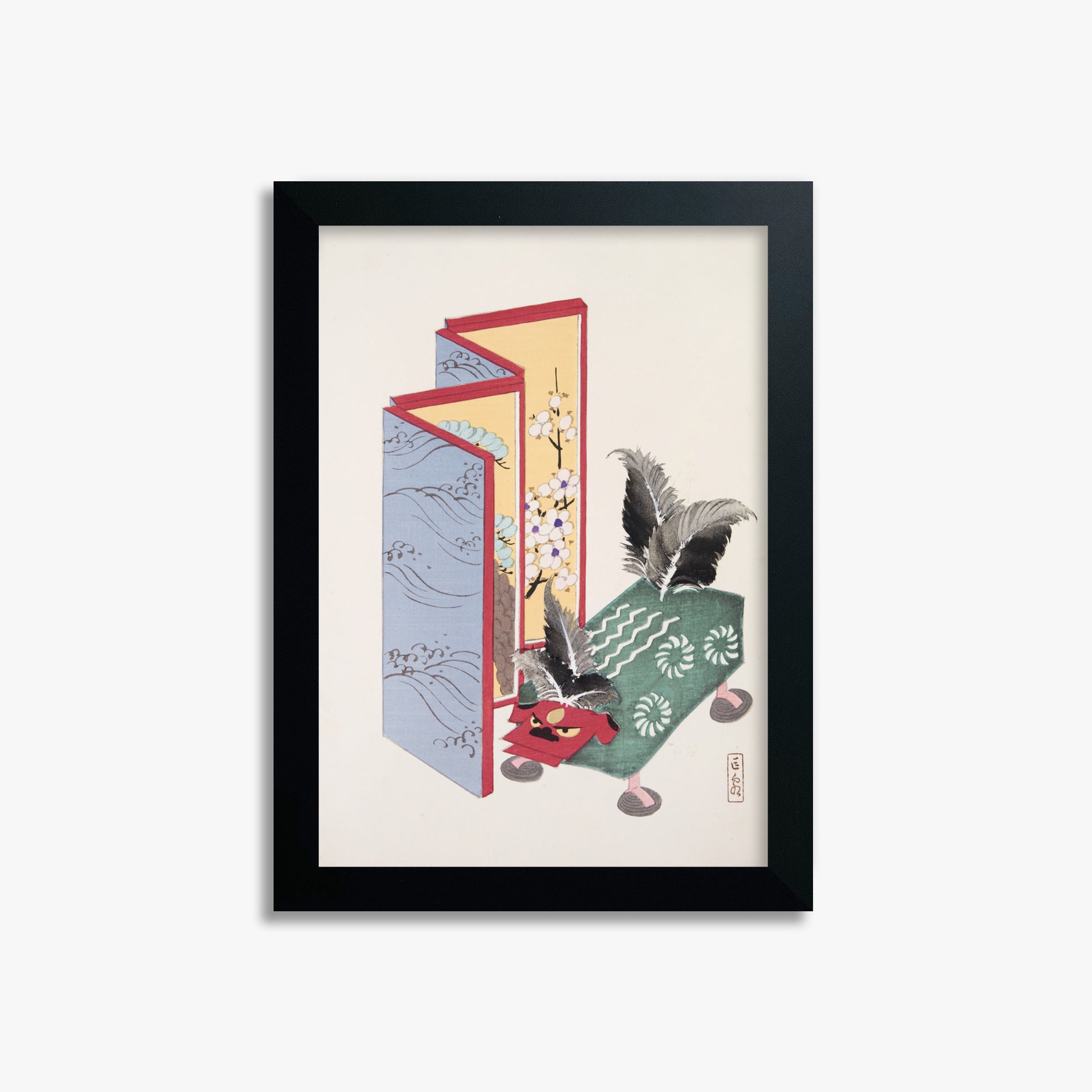 Kawasaki Kyosen: Kyosen’s Collected Illustrations of Japanese Toys Nr. 89 ("Serene Sanctuary"), 21x30cm Framed Art Reproduction With Black Frame