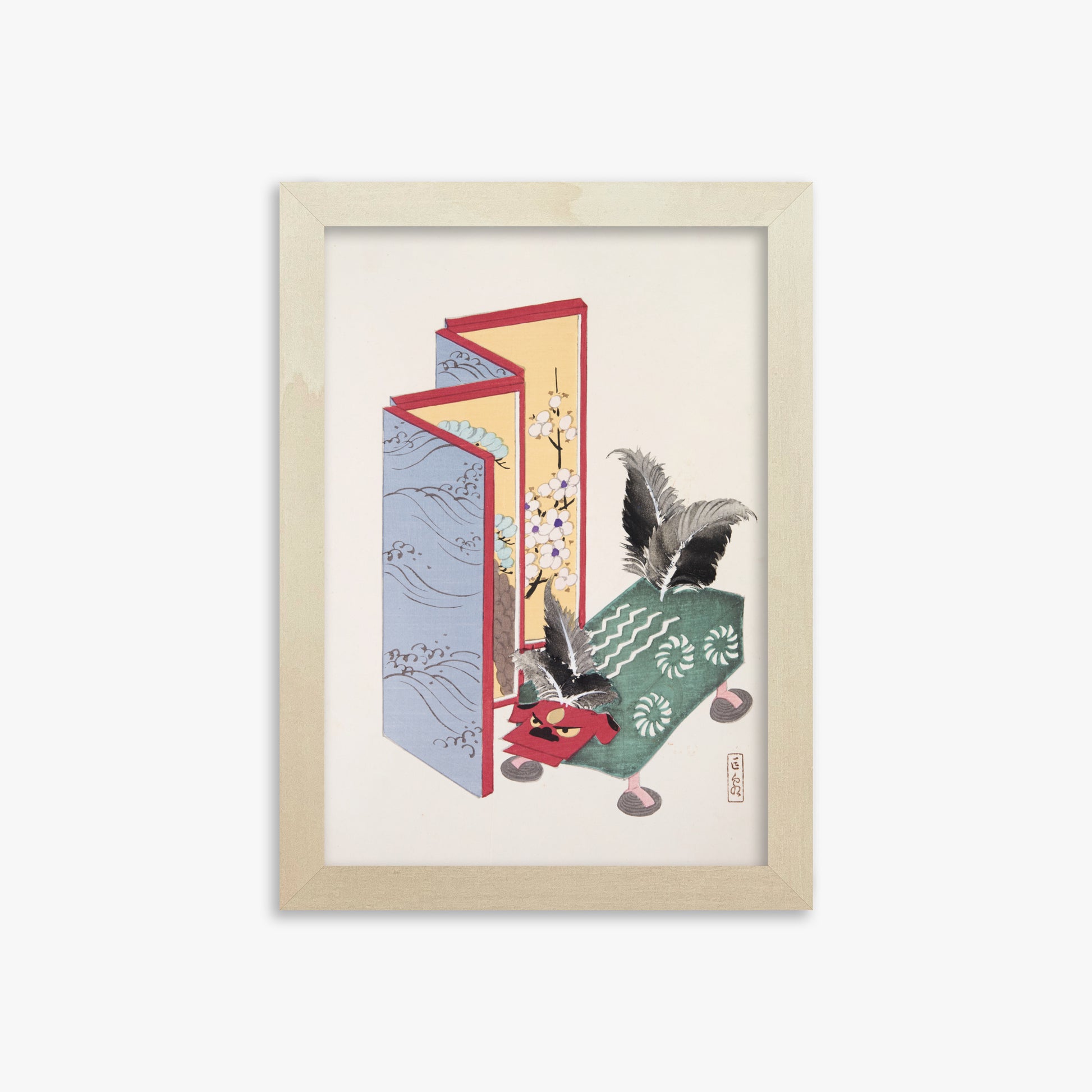 Kawasaki Kyosen: Kyosen’s Collected Illustrations of Japanese Toys Nr. 89 ("Serene Sanctuary"), 21x30cm Framed Art Reproduction With Lime Wood Frame