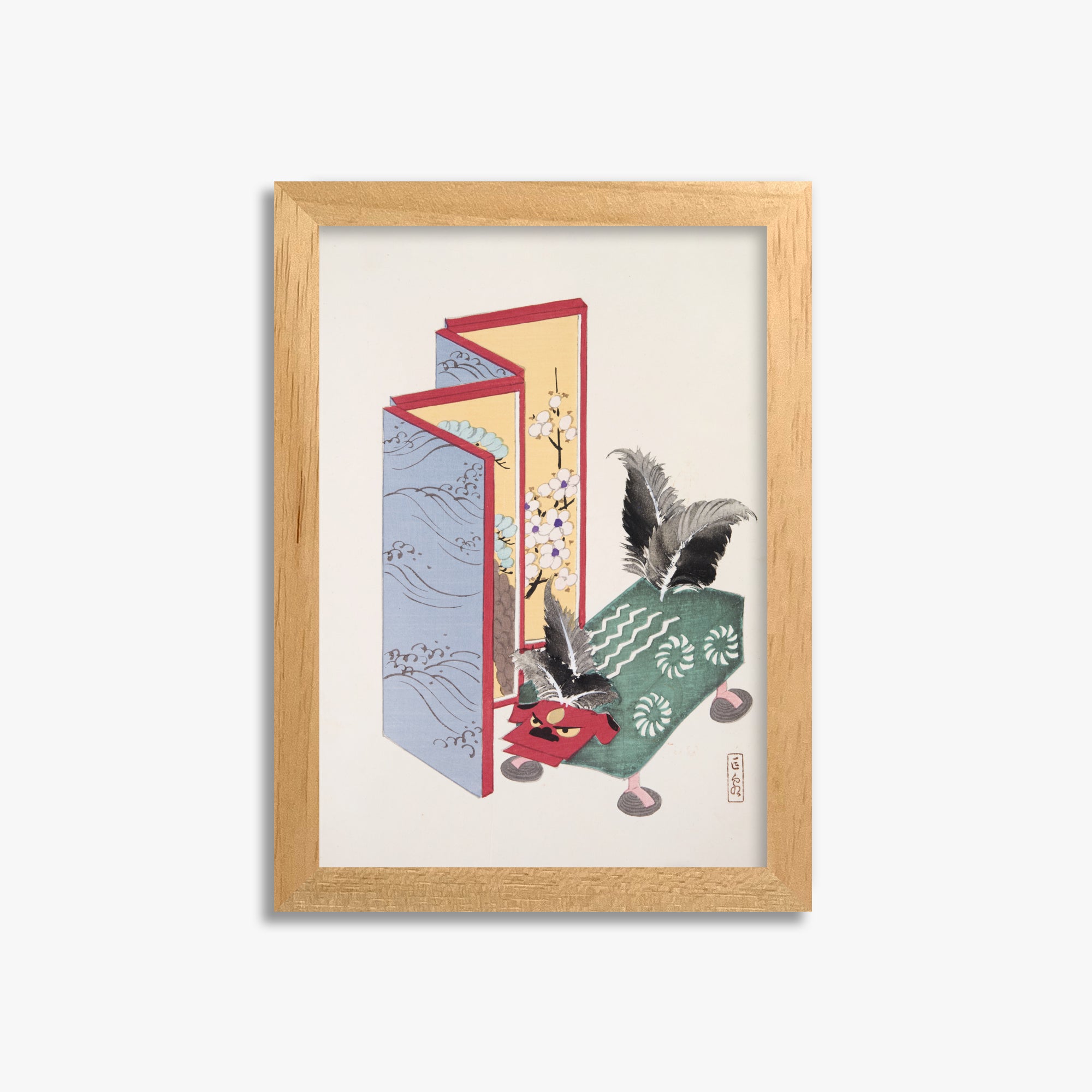Kawasaki Kyosen: Kyosen’s Collected Illustrations of Japanese Toys Nr. 89 ("Serene Sanctuary"), 21x30cm Framed Art Reproduction With Oak Frame