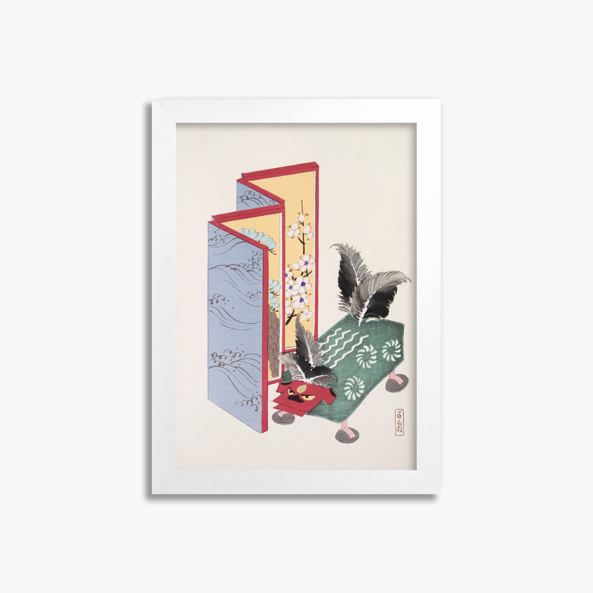 Kawasaki Kyosen: Kyosen’s Collected Illustrations of Japanese Toys Nr. 89 ("Serene Sanctuary"), 21x30cm Framed Art Reproduction With White Frame